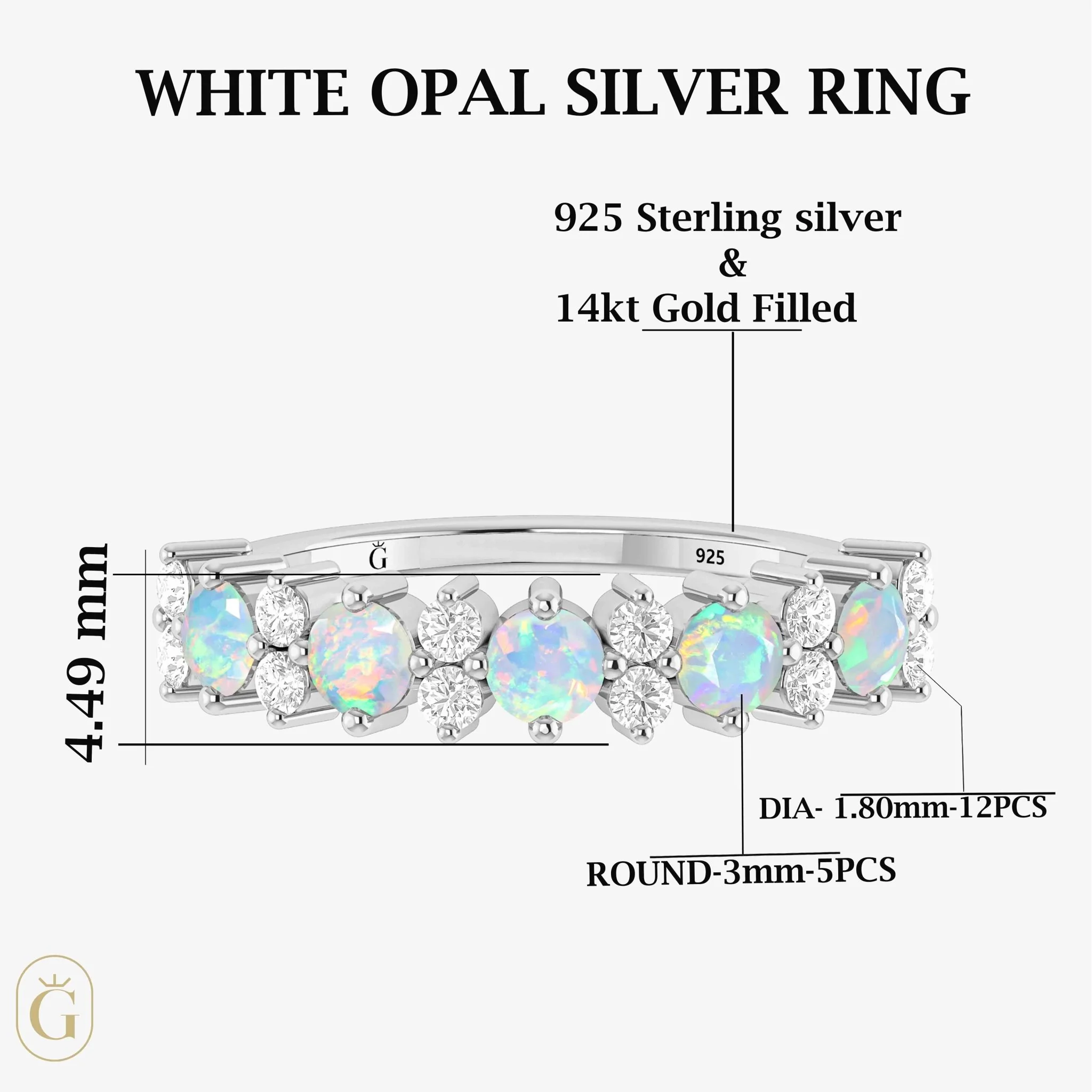 Half Eternity Ring with Natural White Opal and Zircon - Image 5