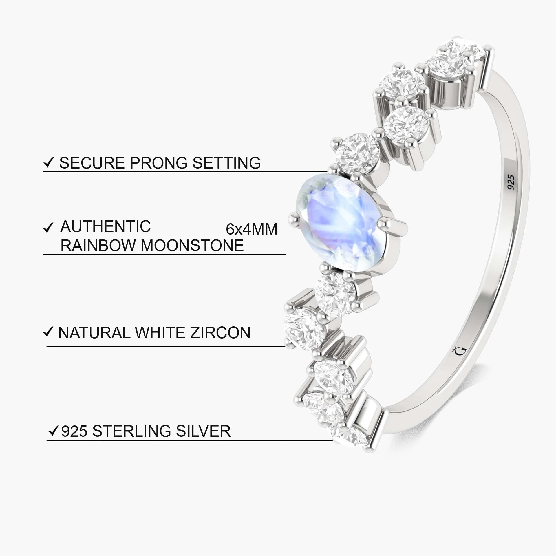 Handcrafted White rainbow moonstone with Small round zircon ring - Image 7