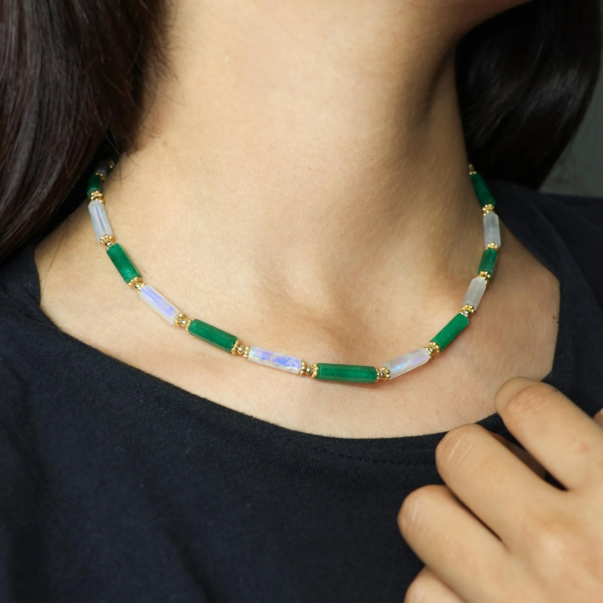 Handmade Green Emerald and Rainbow Moonstone Necklace - Image 3