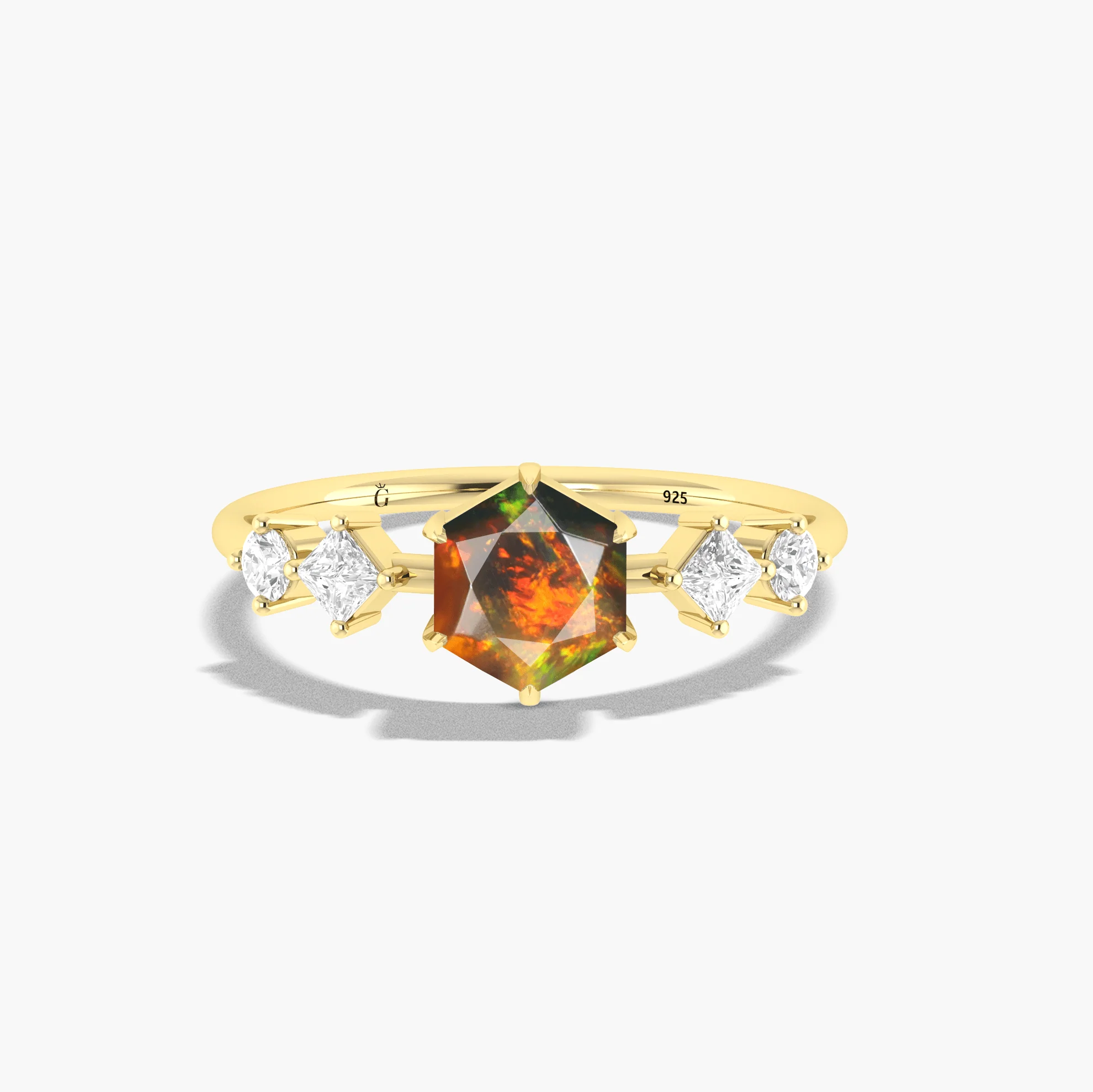 Hexagon Black Opal 5 Stone Ring 6MM Sterling Silver