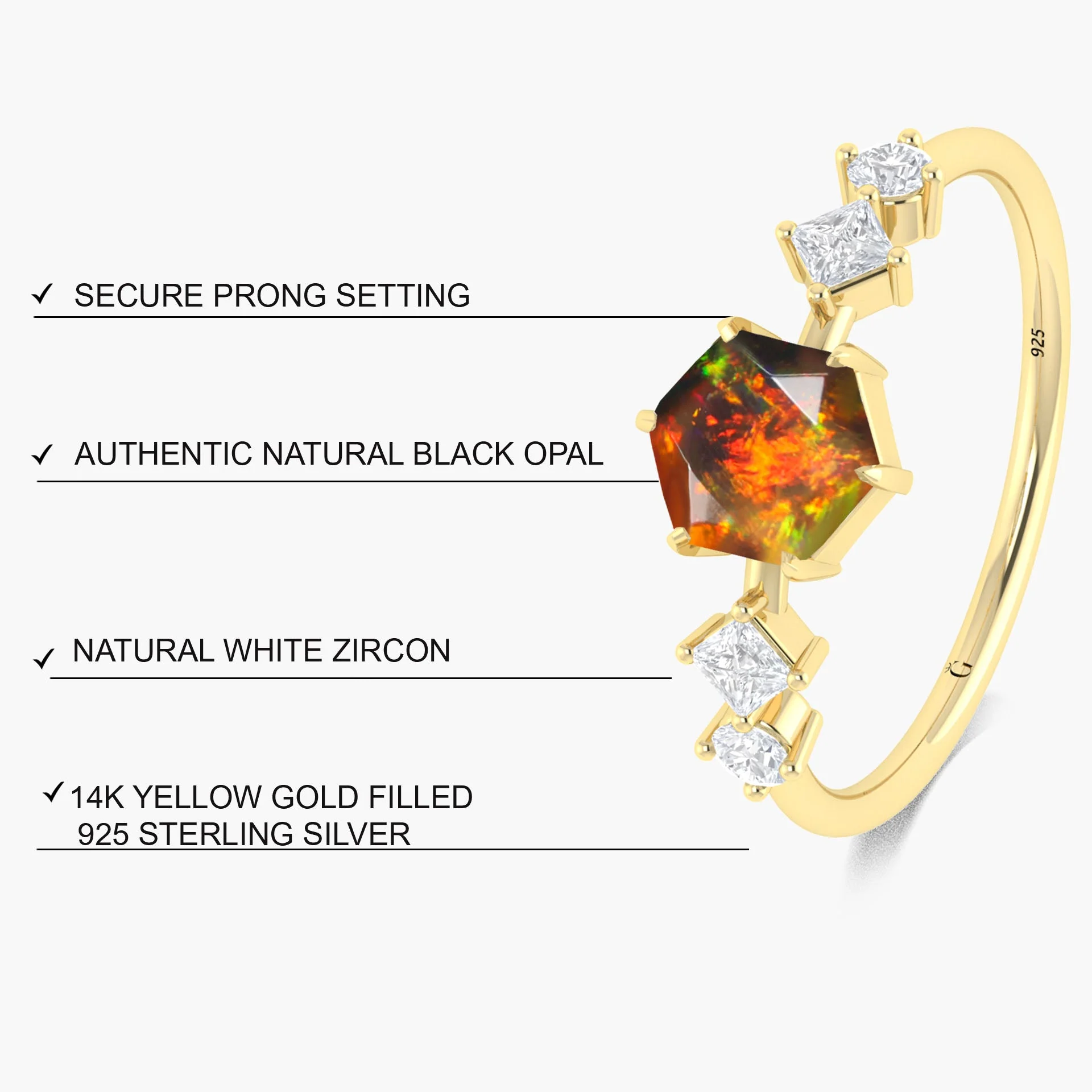 Hexagon Black Opal 5 Stone Ring 6MM Sterling Silver - Image 6