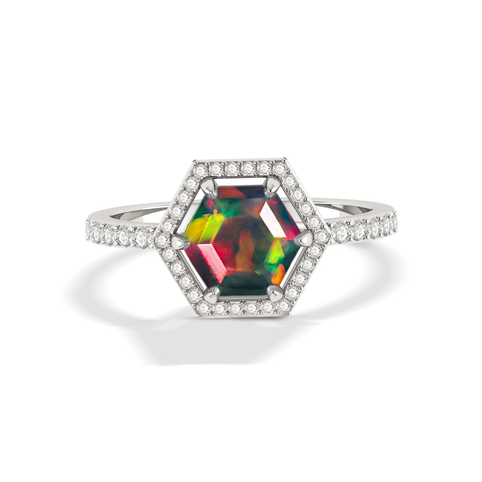 Hexagon Style Natural Black Opal Halo Ring