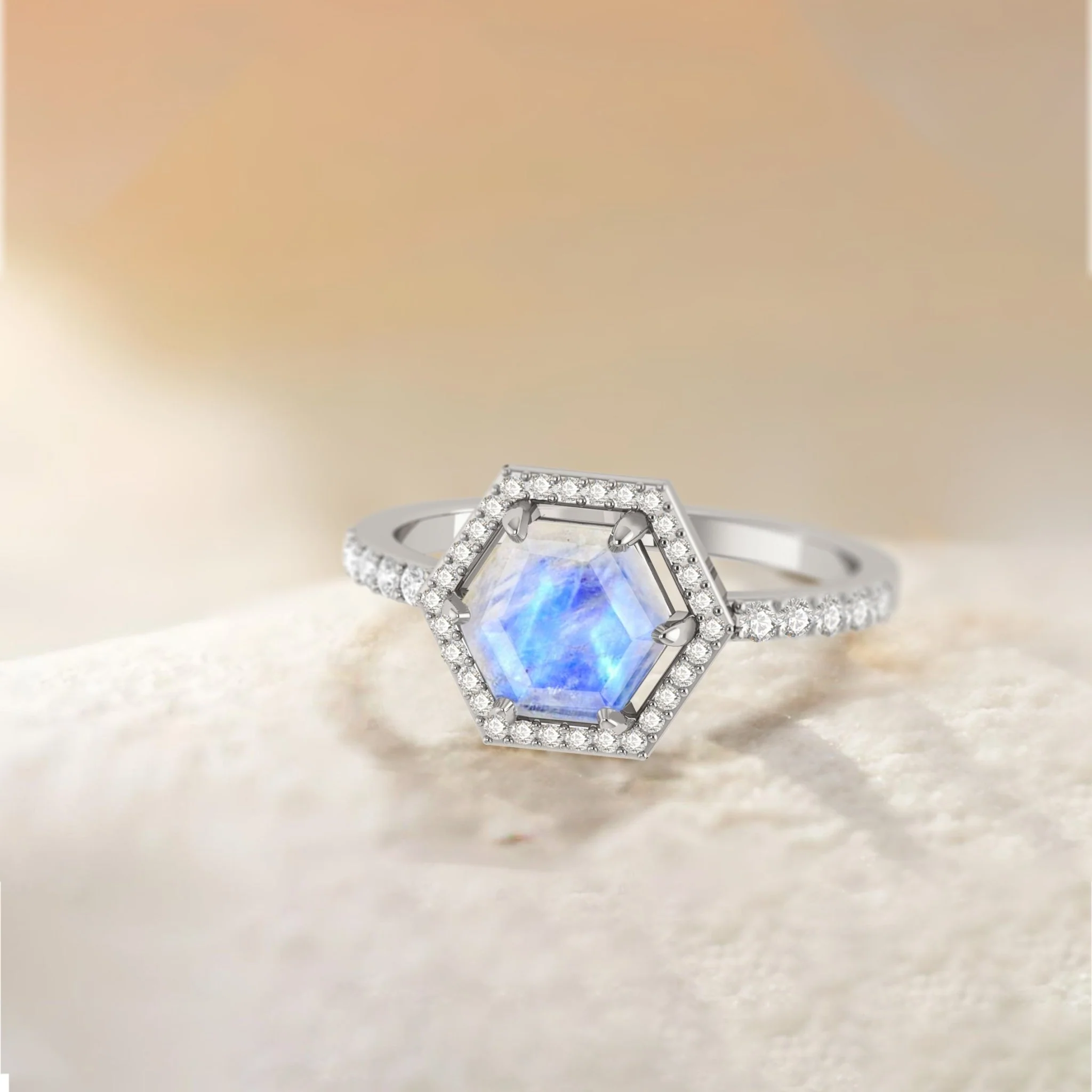 Hexagon Style Natural Moonstone Halo Ring - Image 4