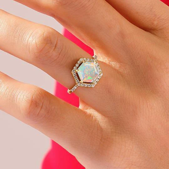 Hexagon Style Natural White Opal Halo Ring - Image 2