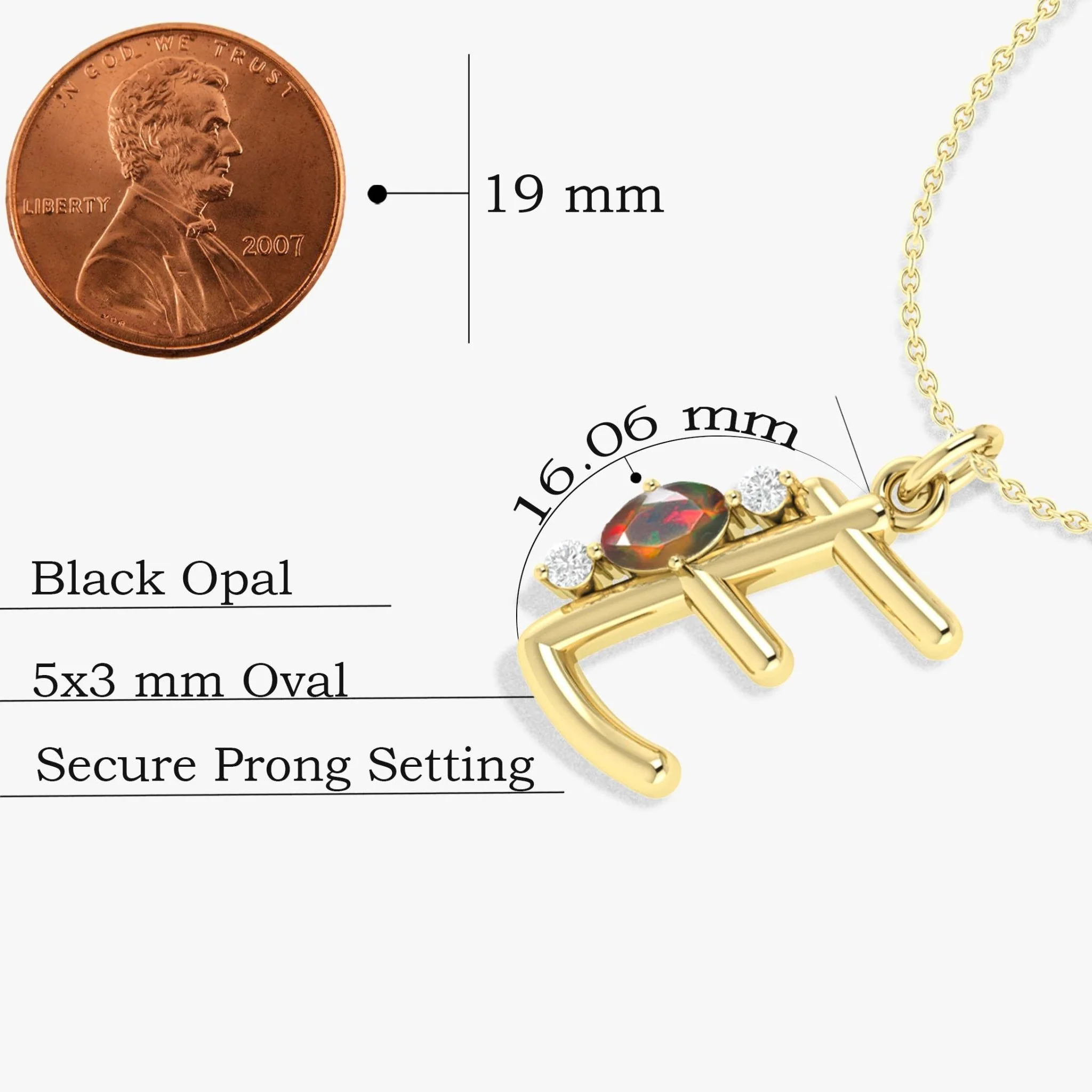 Initial E Alphabet Pendant Necklace with Natural Black Opal & Zircon - Image 5