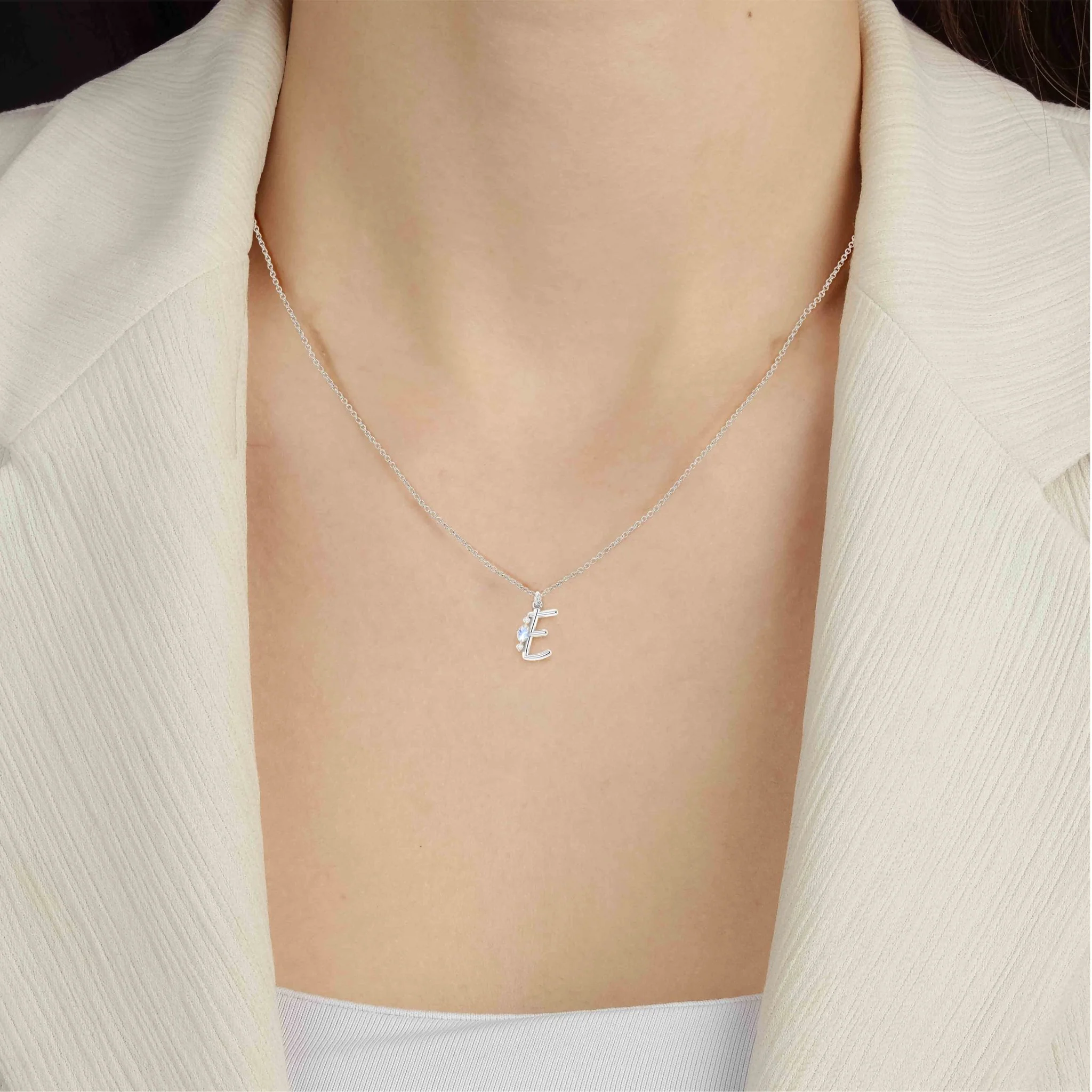 Initial E Alphabet Pendant Necklace with Natural Moonstone & Zircon - Image 3