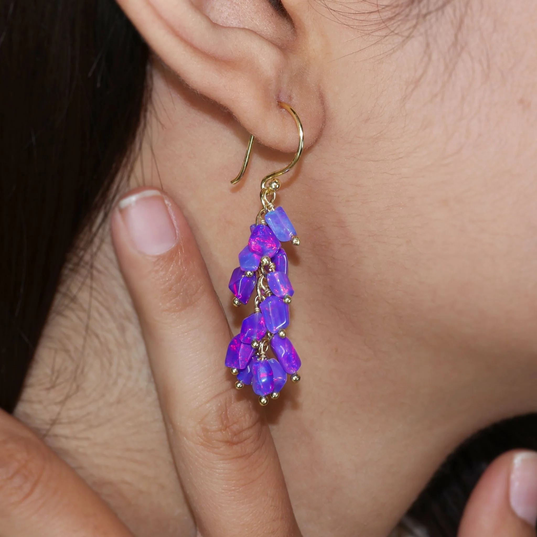 Lavender fire Ethiopian opal tumble cluster dangle earrings - Image 2