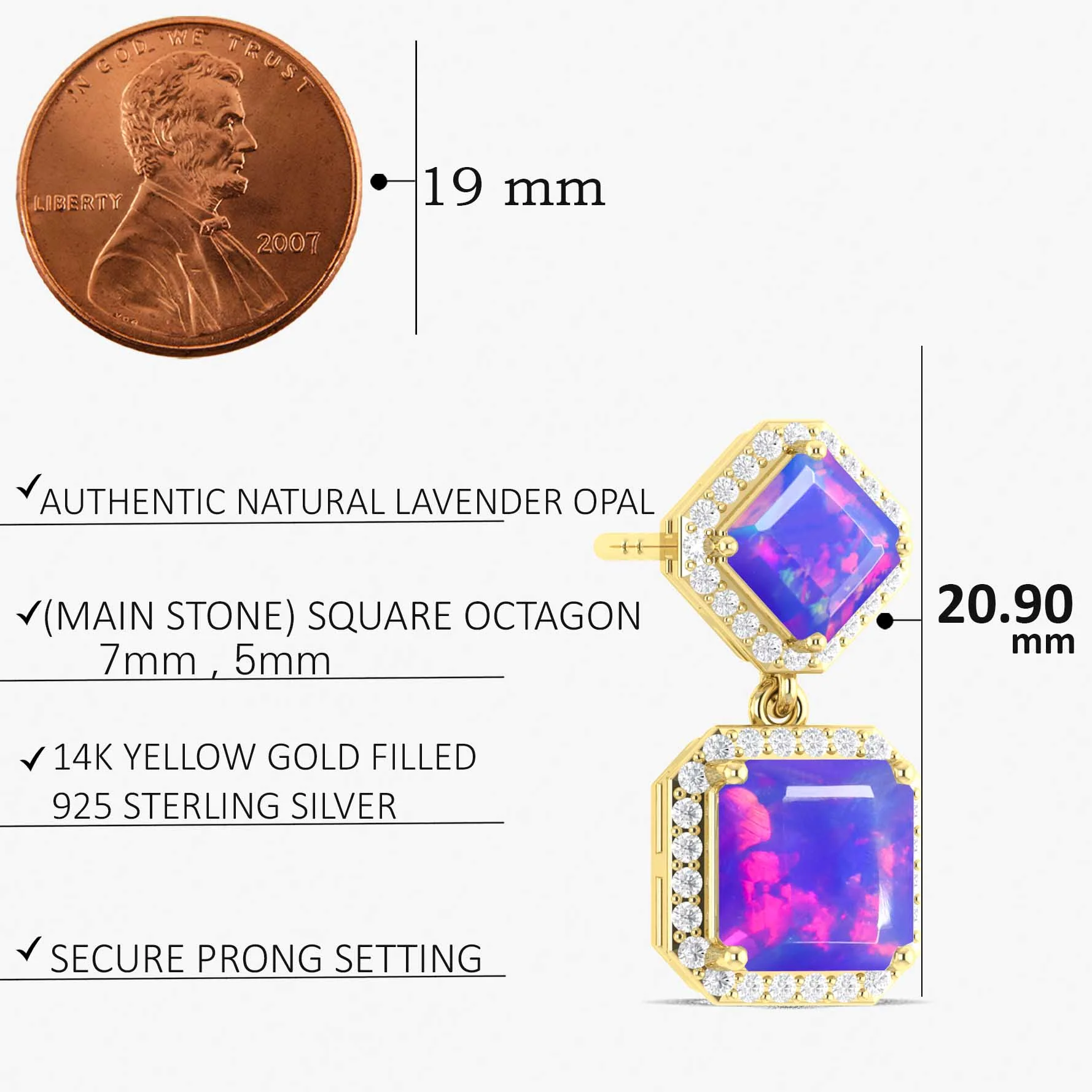 Lavender Opal 7x5mm Octagon Halo Drop Earring in 925 Silver 3.5ct - Image 5