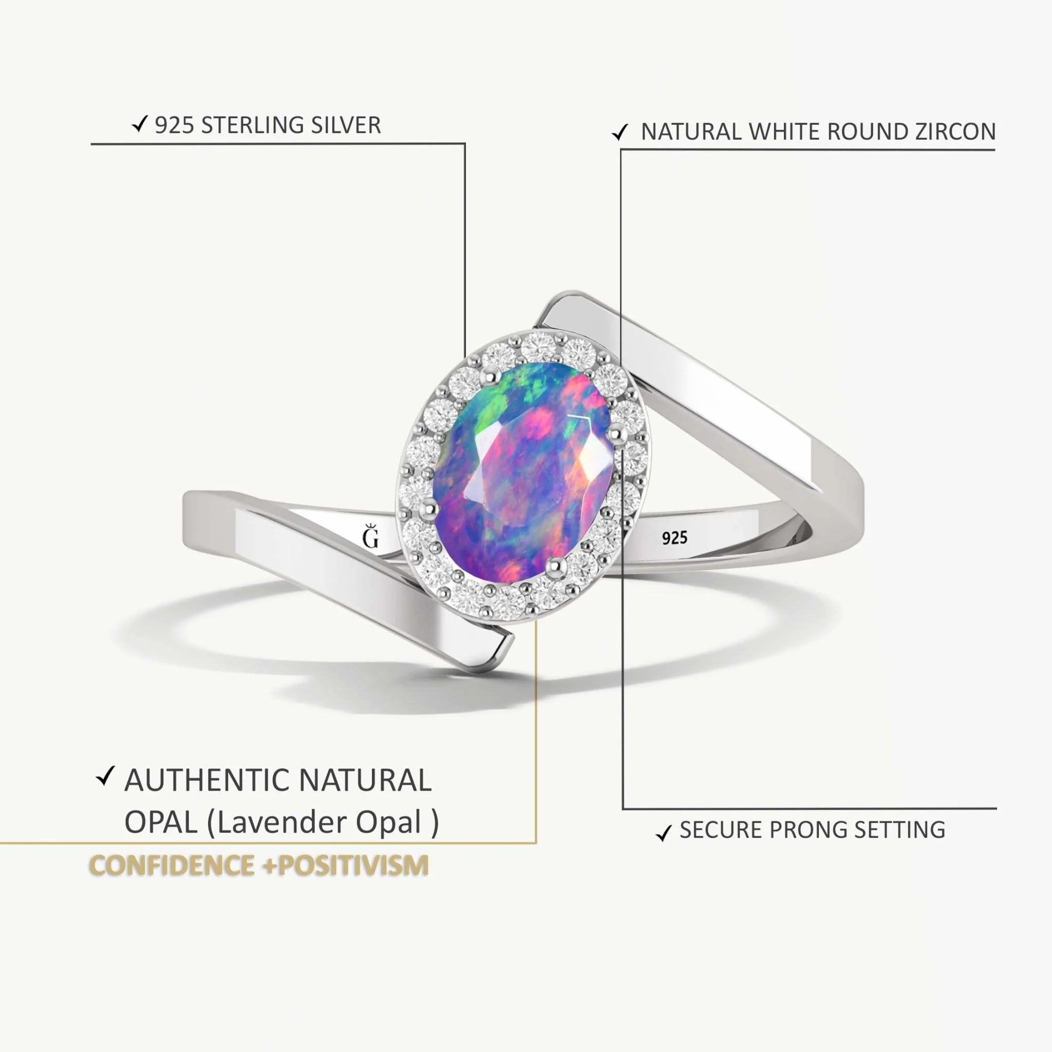 Lavender Opal Bypass Halo Ring in Sterling Silver - Image 5
