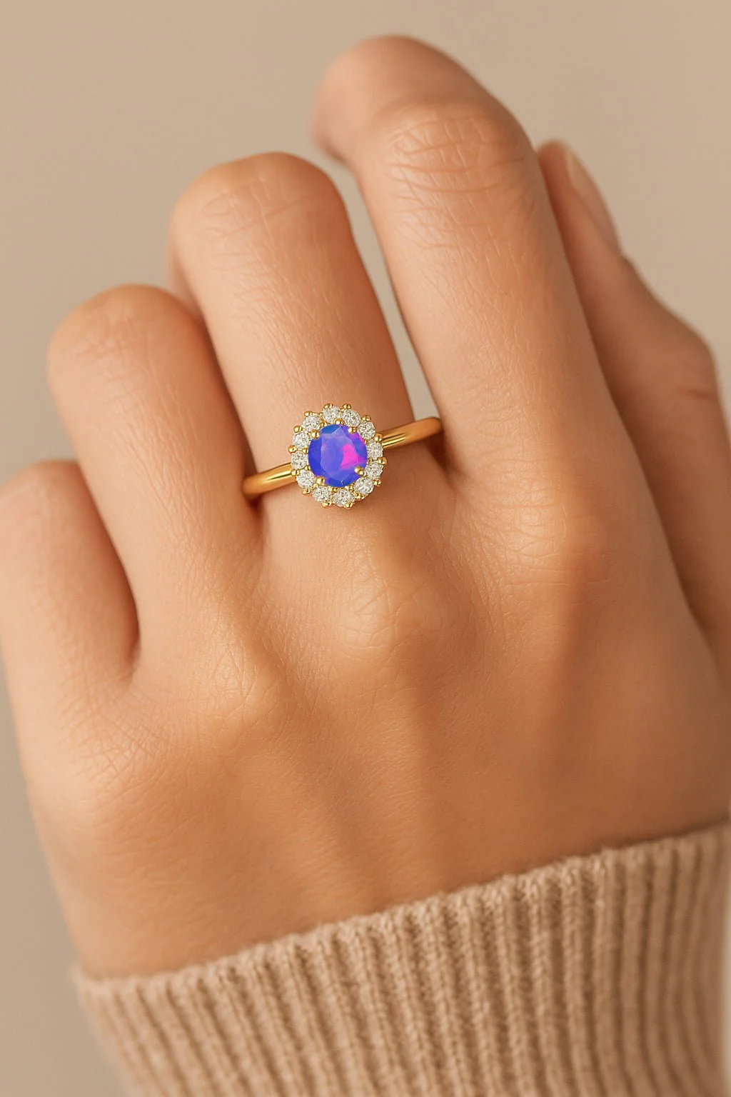 Lavender Opal Halo Wedding Ring in Silver & Gold - Image 4