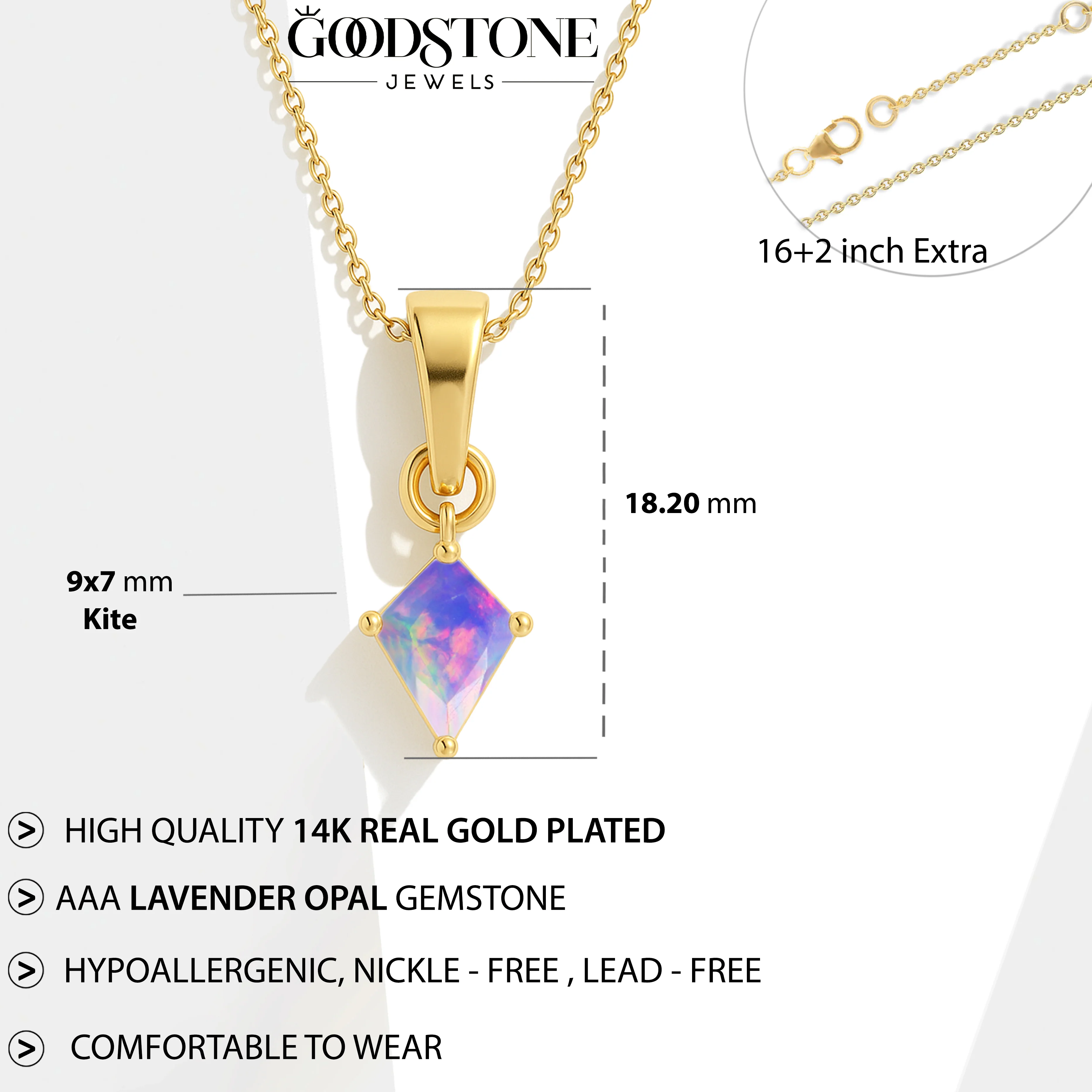 Lavender Opal Kite Solitaire Pendant Necklace in 925 Sterling Silver 7x9mm Stone 1.20ct - Image 10