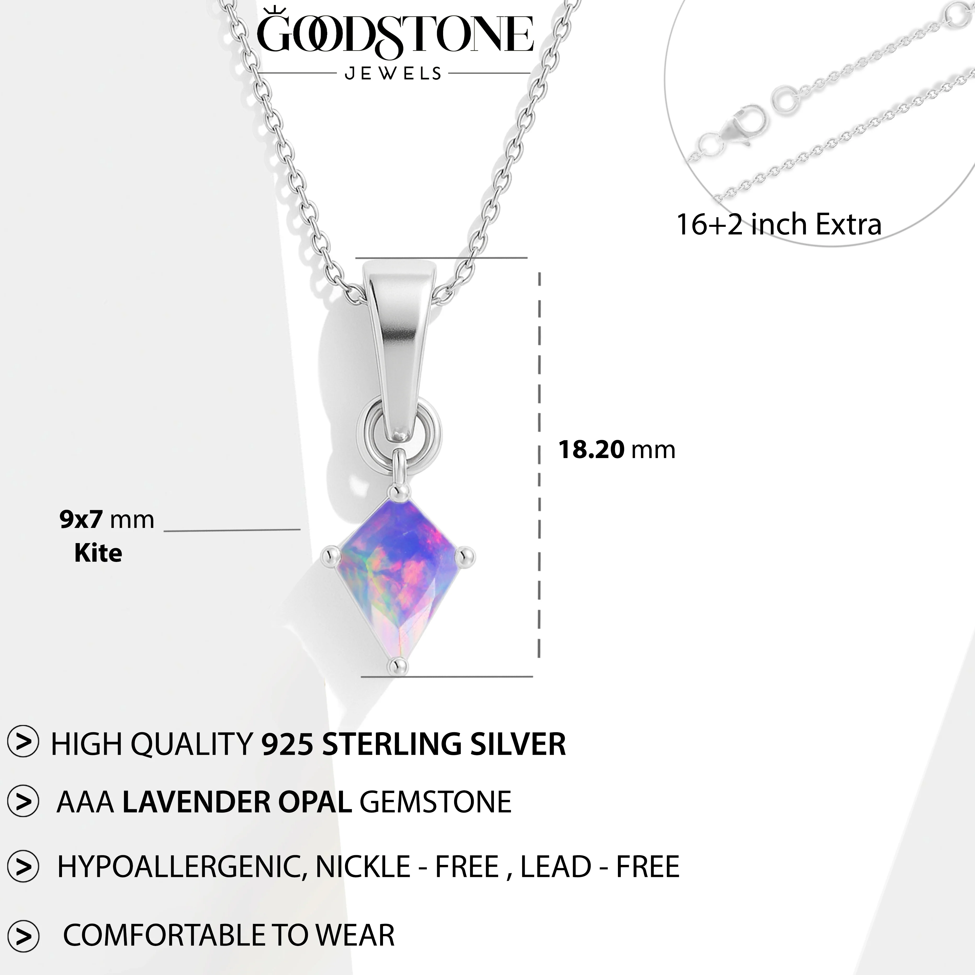 Lavender Opal Kite Solitaire Pendant Necklace in 925 Sterling Silver 7x9mm Stone 1.20ct - Image 4