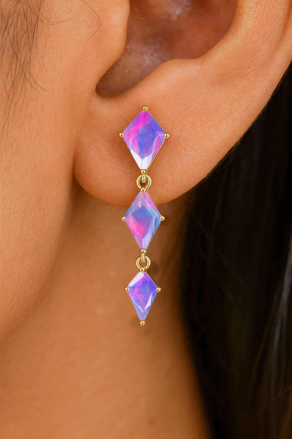 Lavender Opal Kite Trio Stone Drop Earrings in 925 Sterling Silver - Image 10