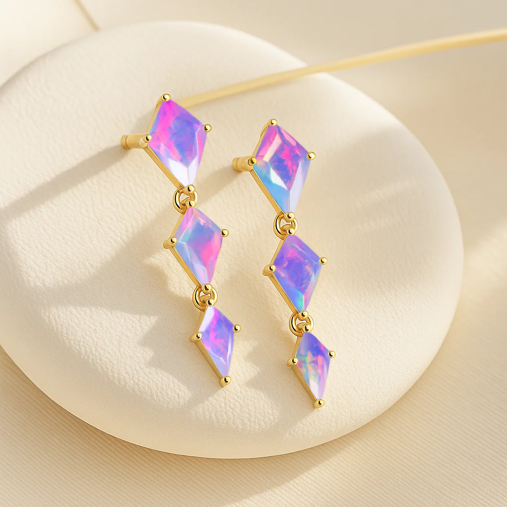 Lavender Opal Kite Trio Stone Drop Earrings in 925 Sterling Silver - Image 12