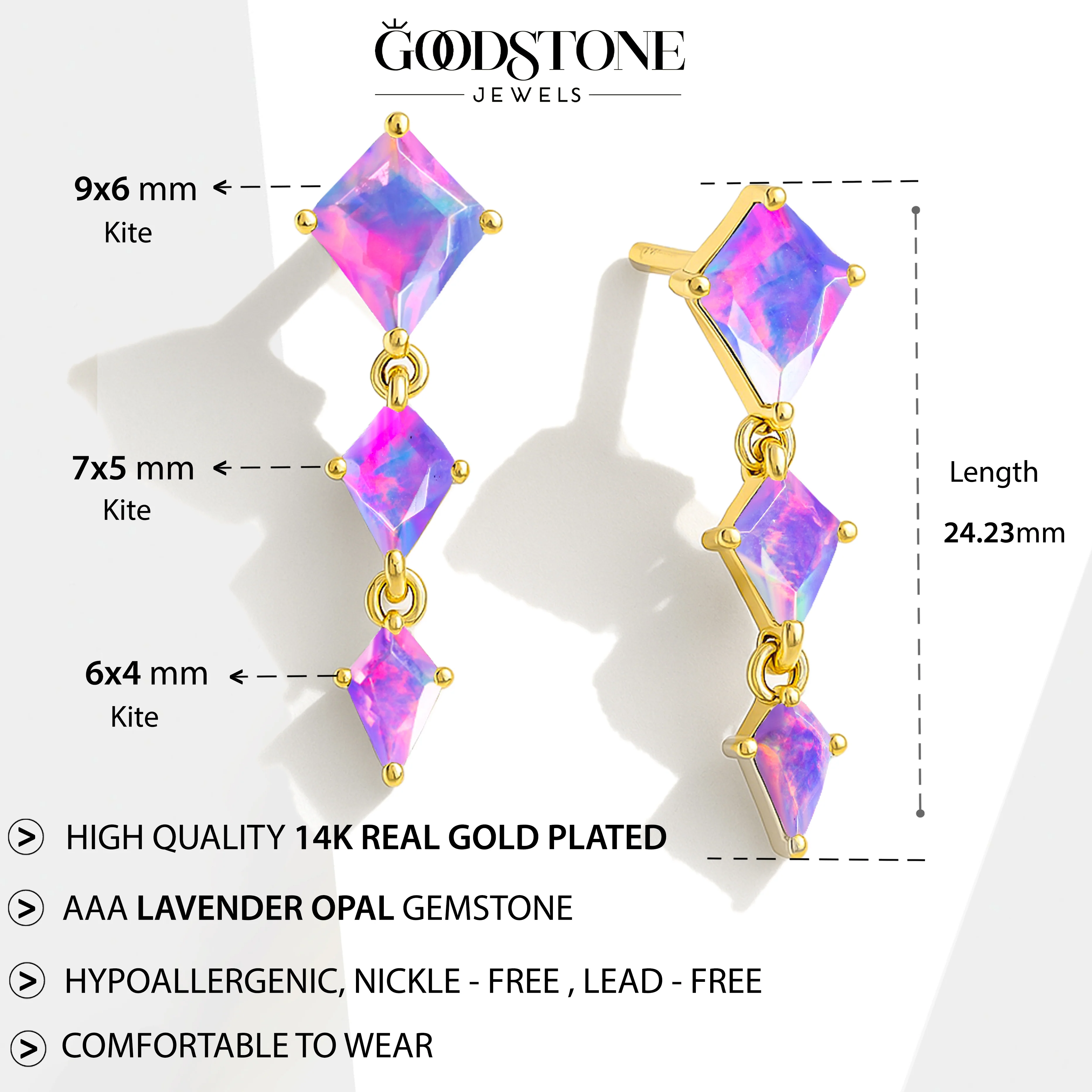 Lavender Opal Kite Trio Stone Drop Earrings in 925 Sterling Silver - Image 14