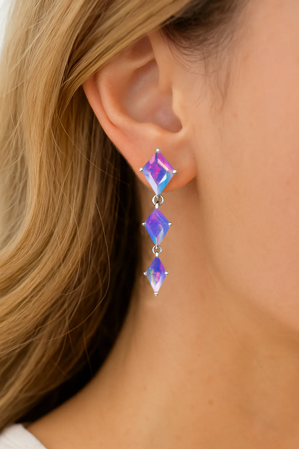 Lavender Opal Kite Trio Stone Drop Earrings in 925 Sterling Silver - Image 2
