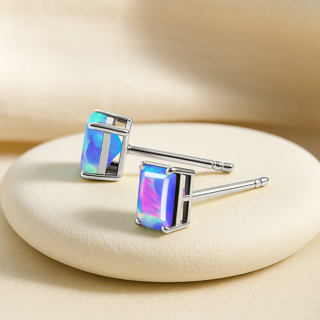 Lavender Opal Octagon Stud Earrings in 925 Sterling Silver | 7x5mm Gemstone - Image 3