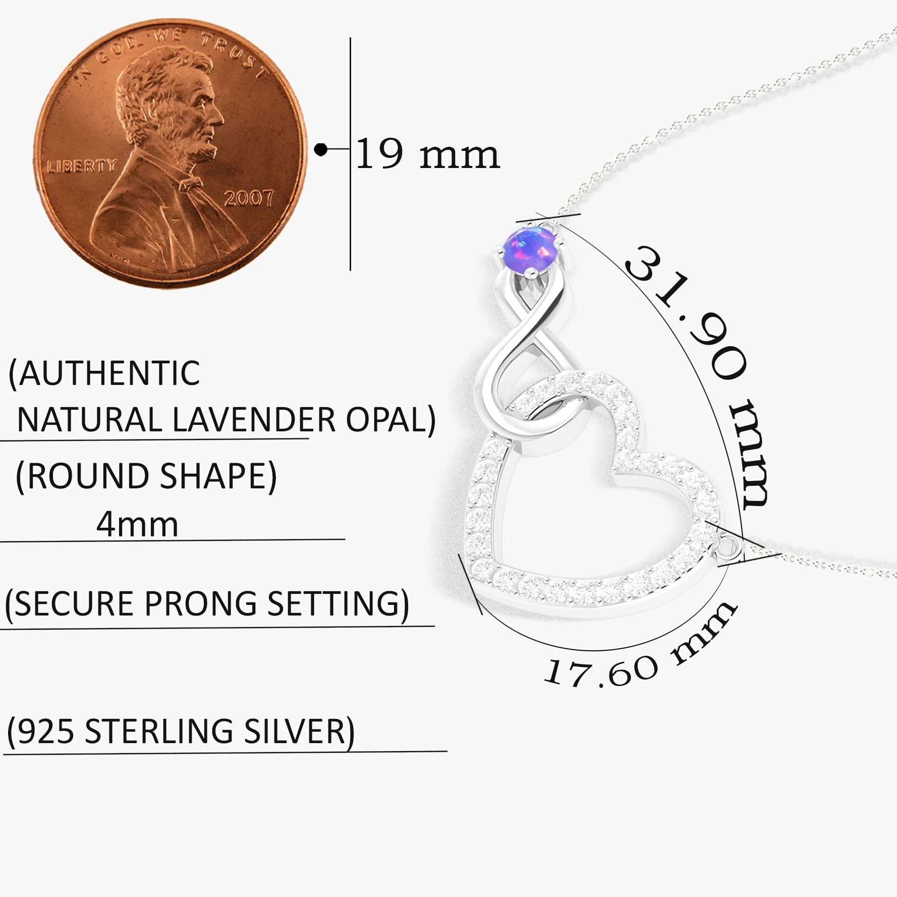 Lavender Opal Round Infinity Heart Pendant Necklace in 925 Sterling Silver - Image 7