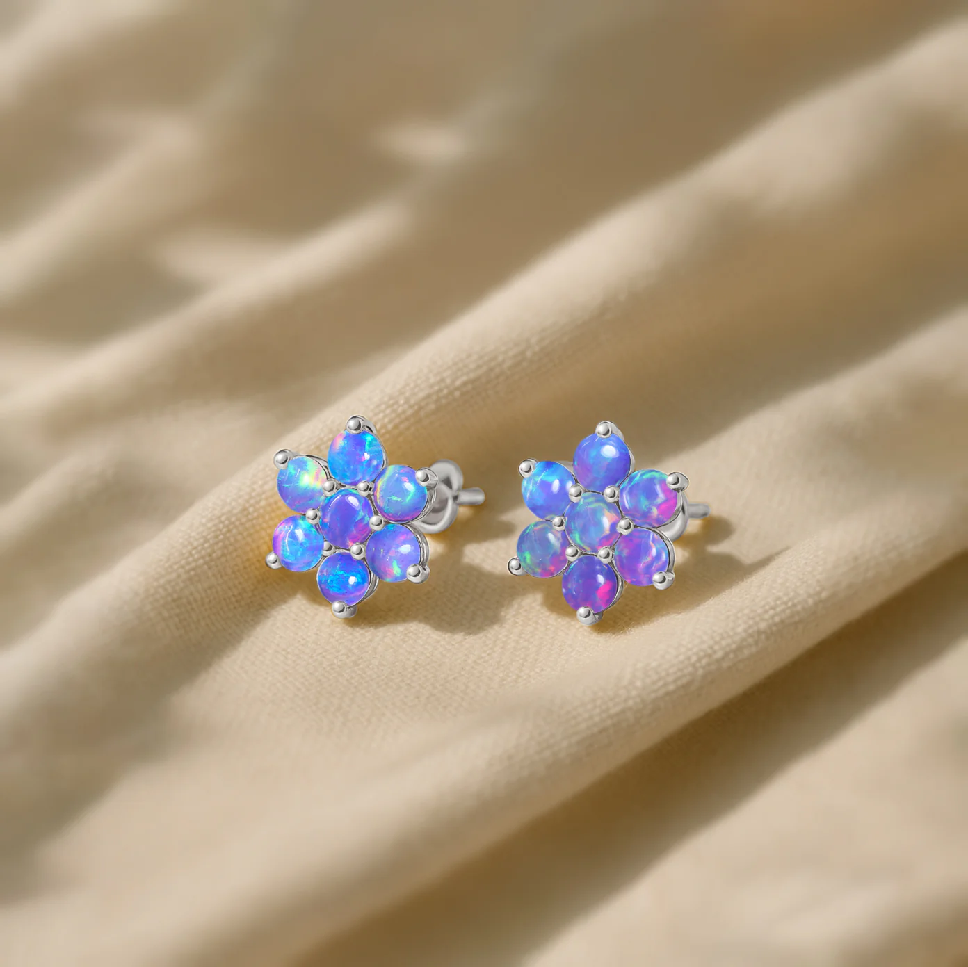 Lavender Opal Round Stud Earrings in 925 Silver Luxury 14-Stone Design - Image 3