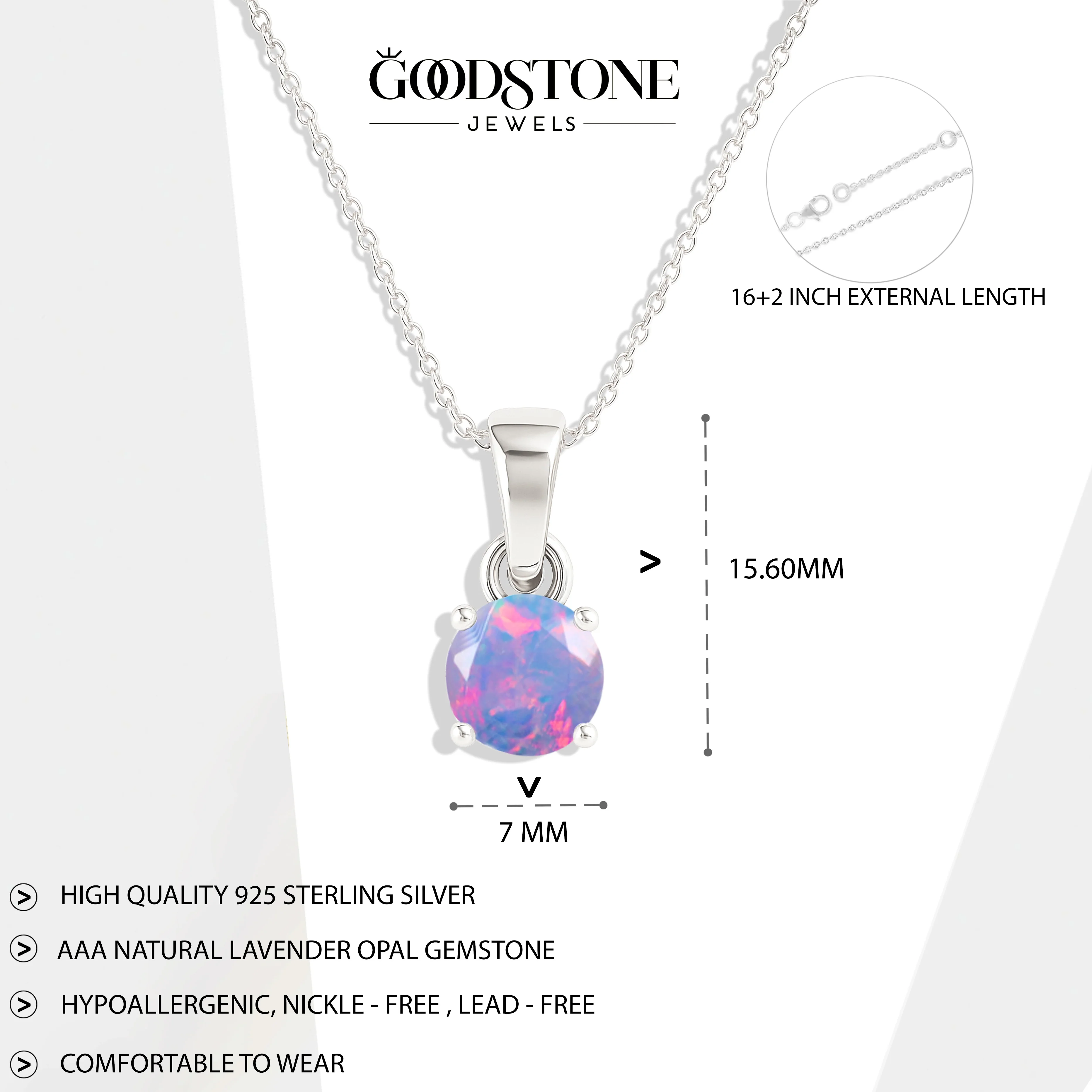 Lavender Opal Solitaire Teardrop Pendant Necklace in 925 Sterling Silver 7mm 1.2ct - Image 6