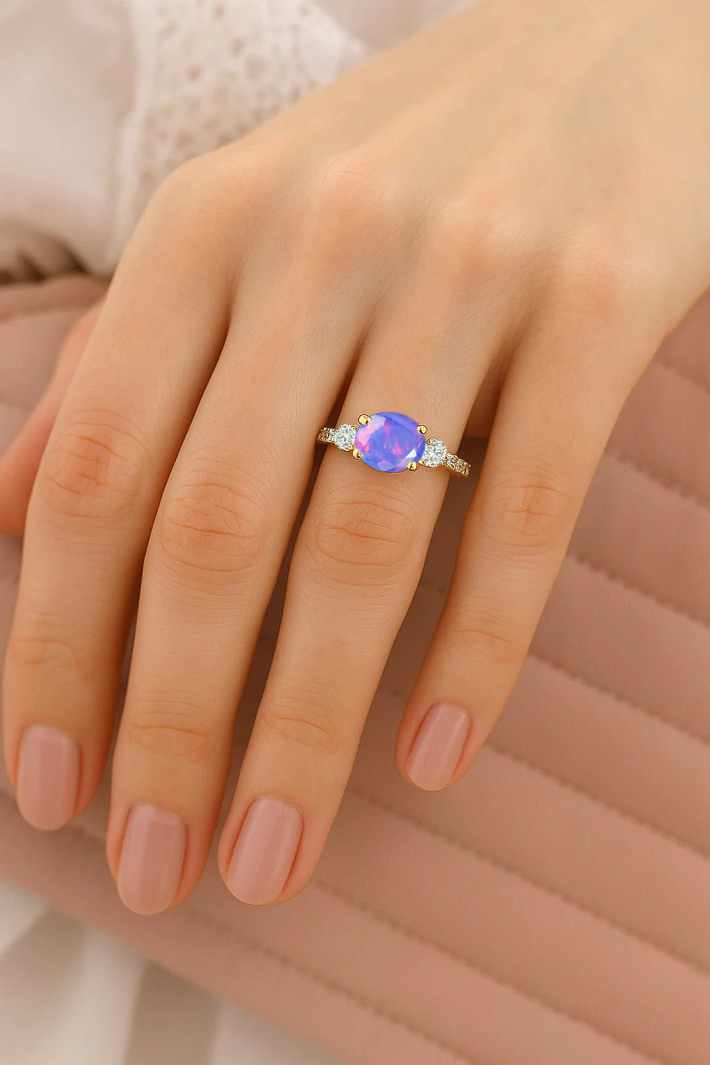 Lavender Opal Three Stone Ring with Faceted Stone - Image 2