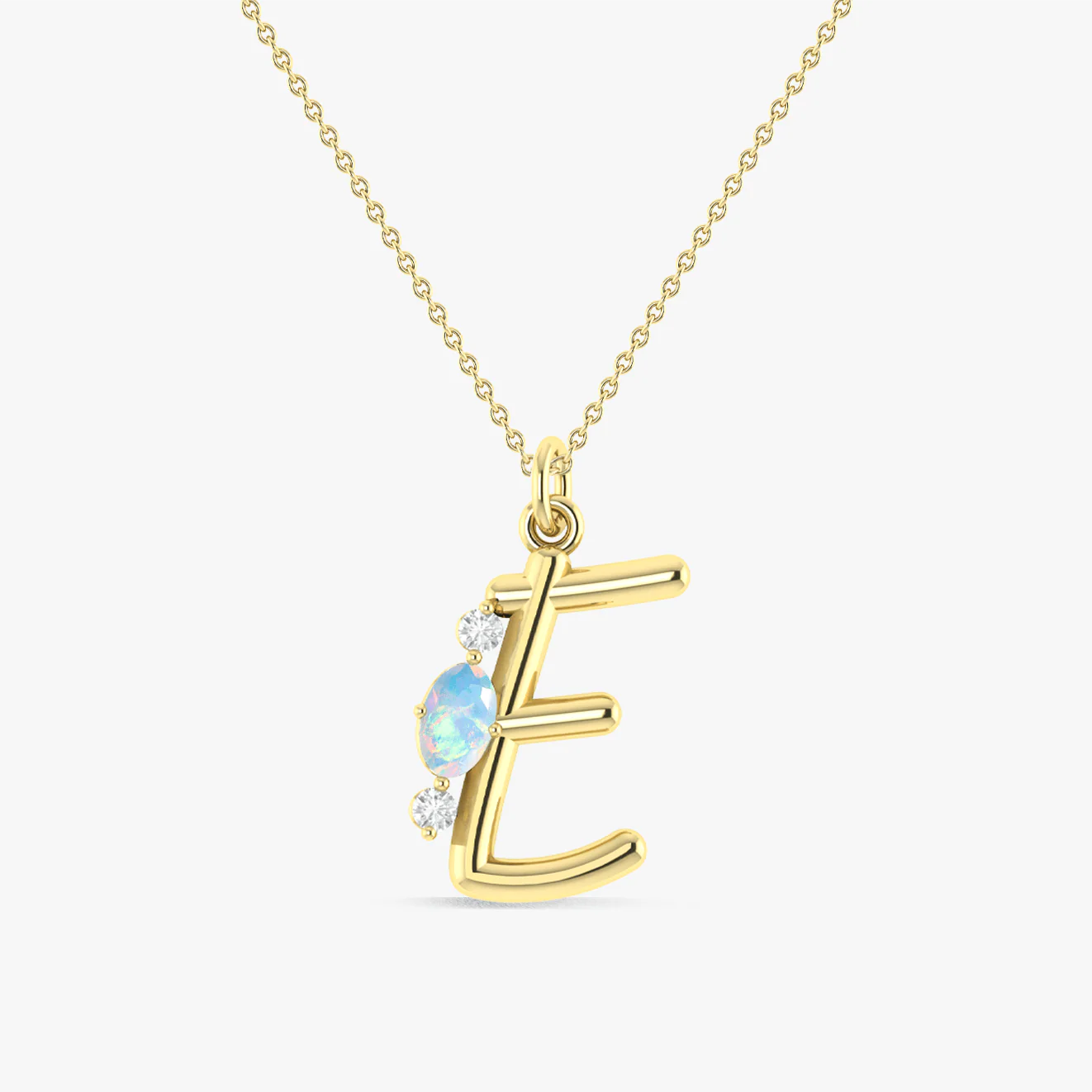 Luxury Initial E Pendant Necklace with Natural White Opal & Zircon