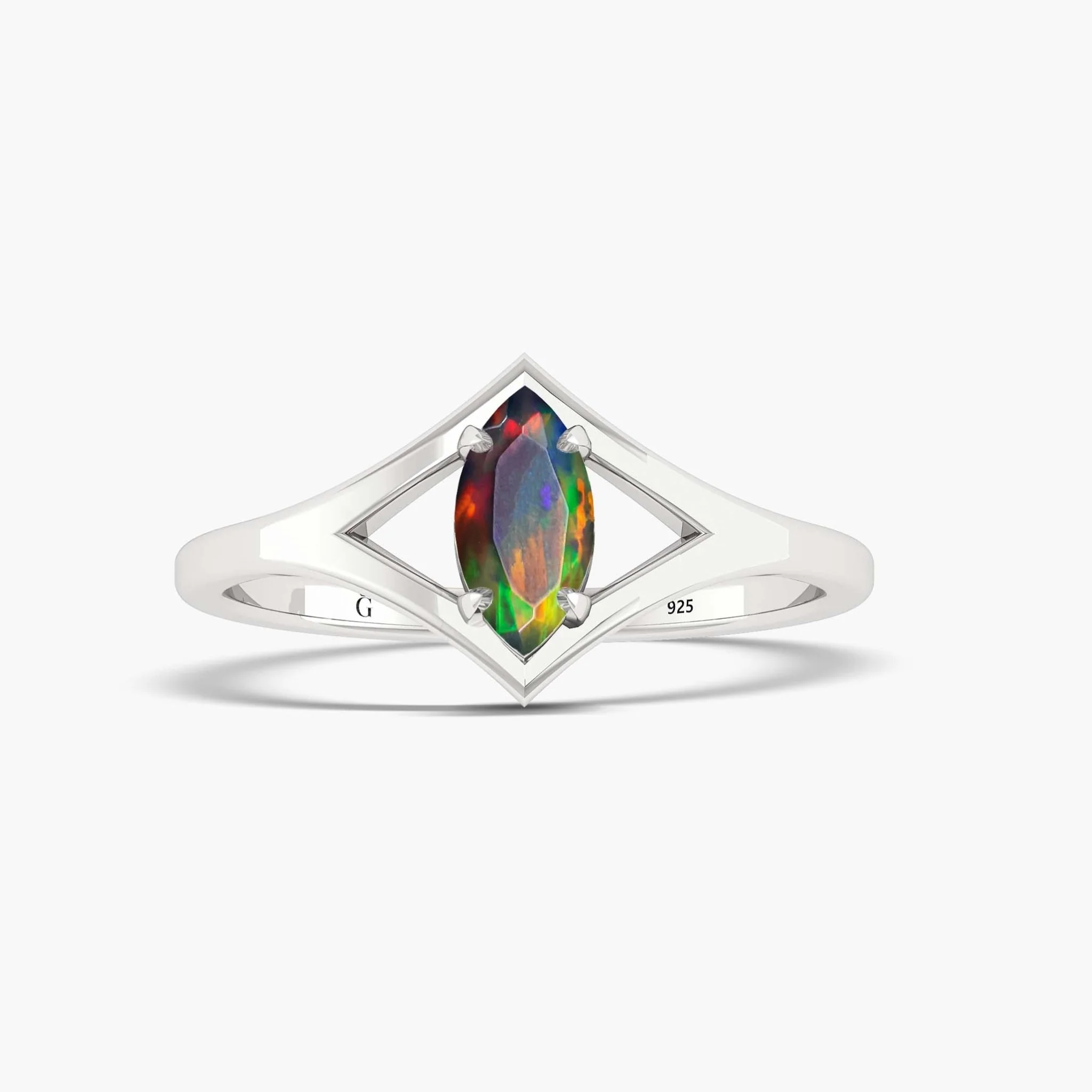Marquise Black Opal Solitaire Ring 925 Silver