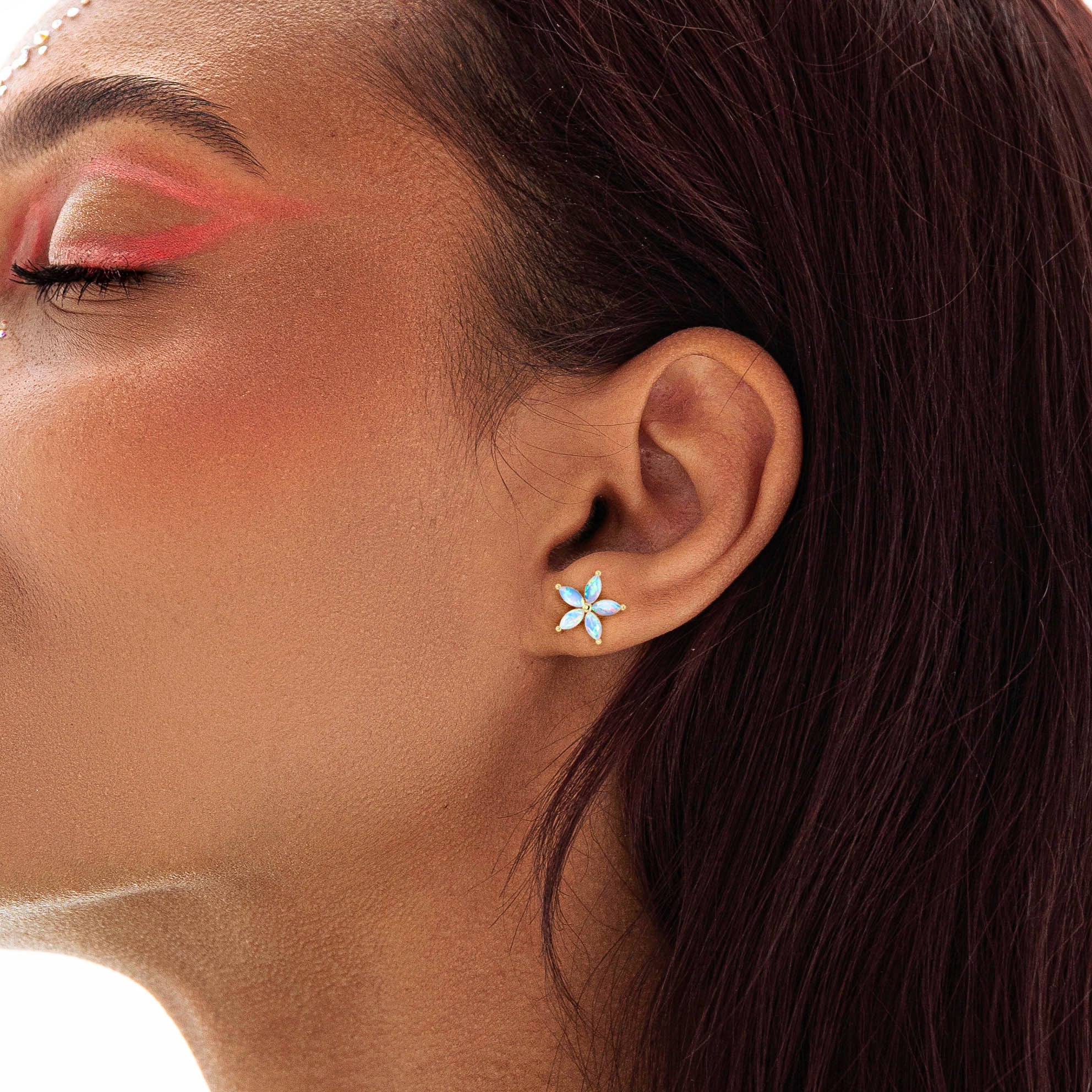 Marquise Tone Natural White Opal Flower Stud Earrings - Image 3