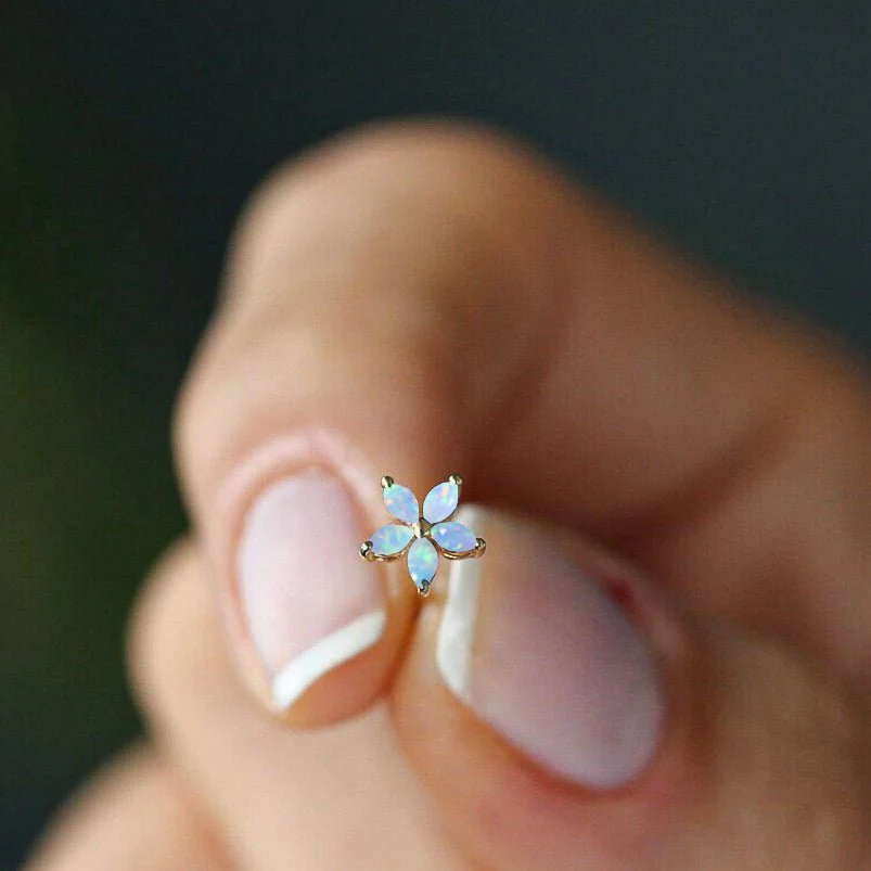 Marquise Tone Natural White Opal Flower Stud Earrings - Image 4