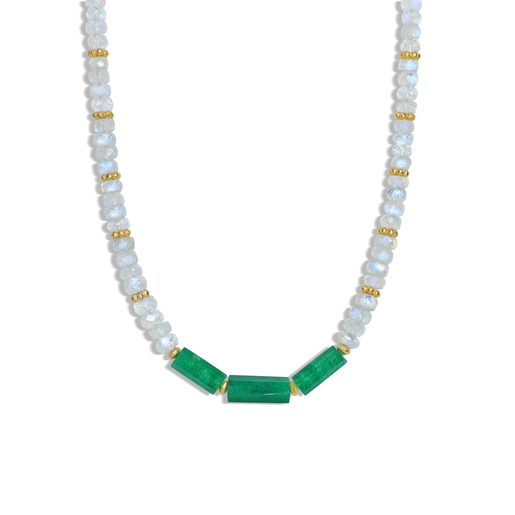 Moonstone beads with Hexagon Emerald pencil necklace