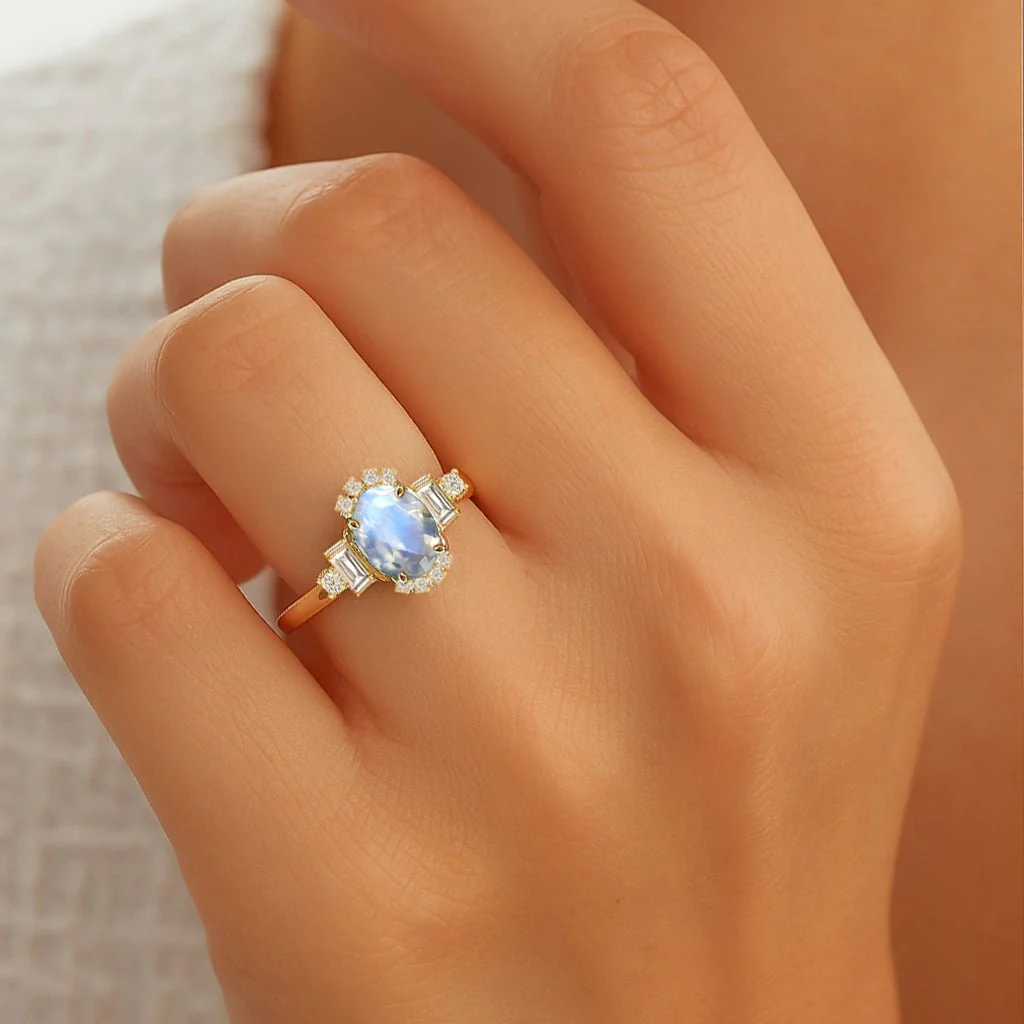 Moonstone Halo Wedding Ring in Sterling Silver - Image 2