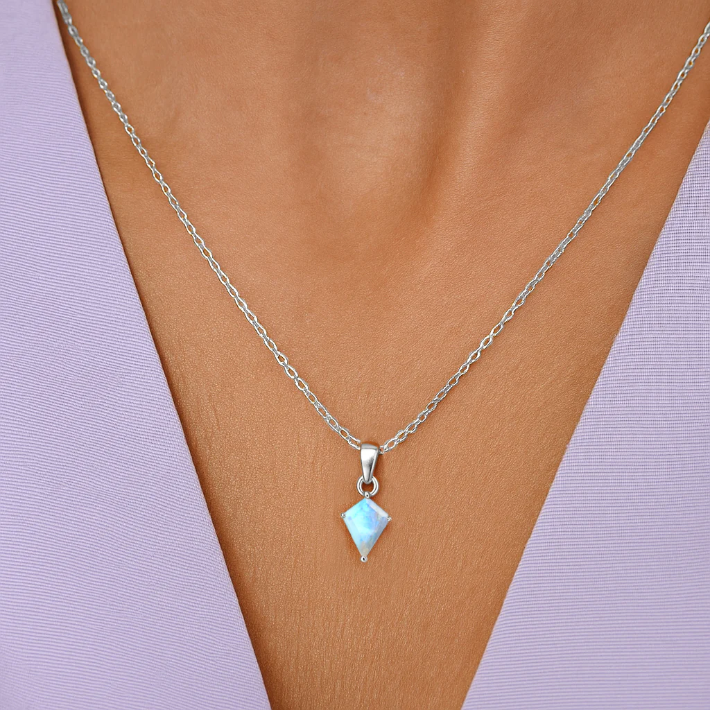 Moonstone Kite Solitaire Pendant Necklace in 925 Sterling Silver 7x9mm Stone 1.40ct - Image 11