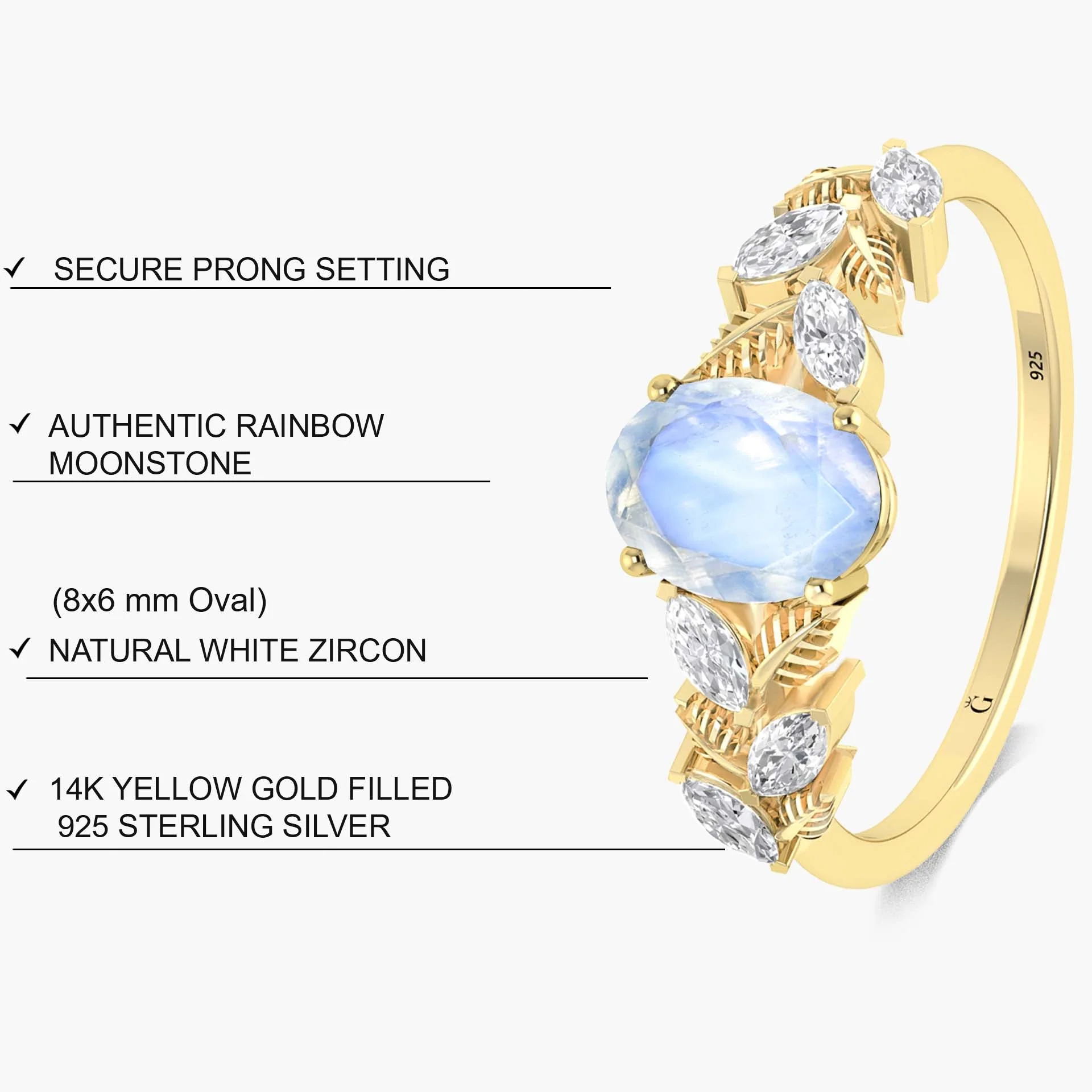 Moonstone Leaf Ring with Natural White Zircon - Image 4