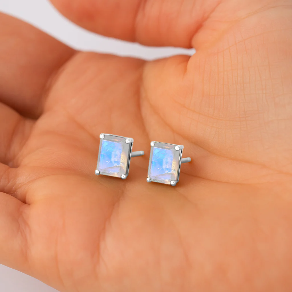 Moonstone Octagon Stud Earrings in 925 Sterling Silver | 7x5mm Gemstone - Image 2