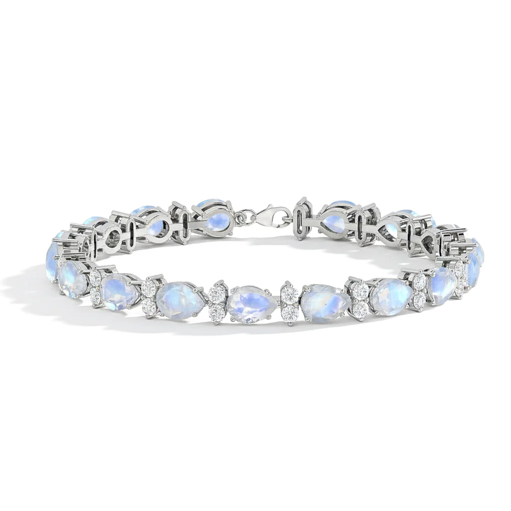 Moonstone Pear & Round Bracelet 7x5 MM & 2.5 MM 18.9 Ct Mystical Glow - Image 2