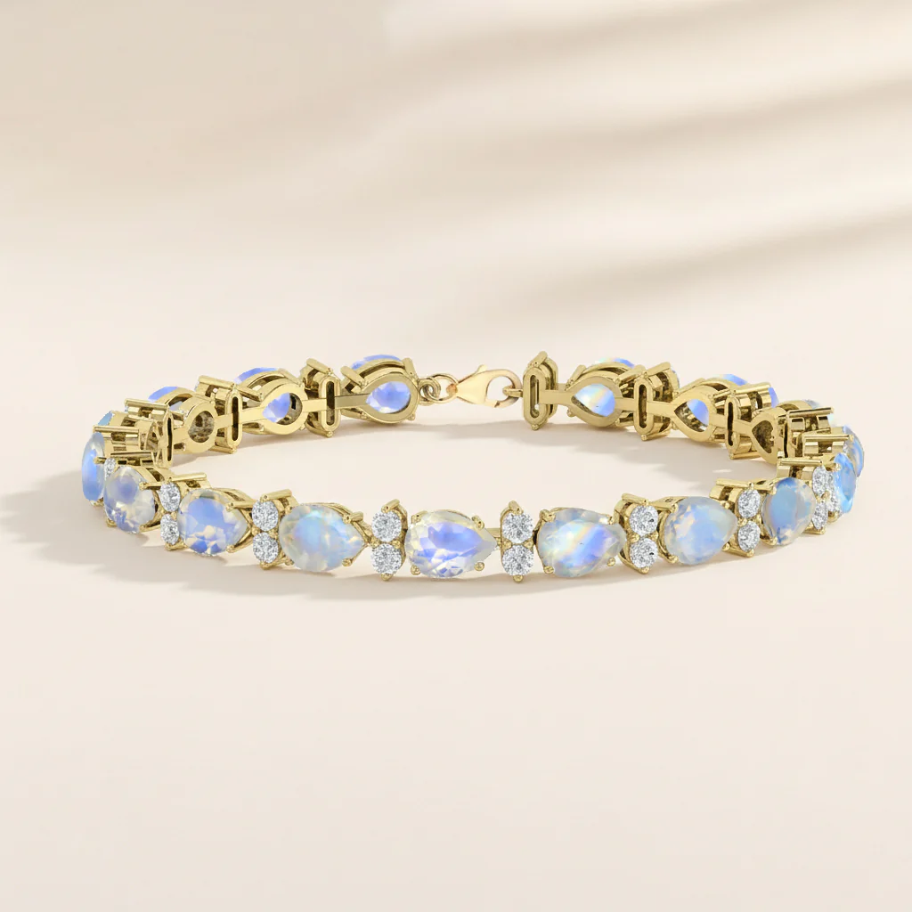 Moonstone Pear & Round Bracelet 7x5 MM & 2.5 MM 18.9 Ct Mystical Glow - Image 3