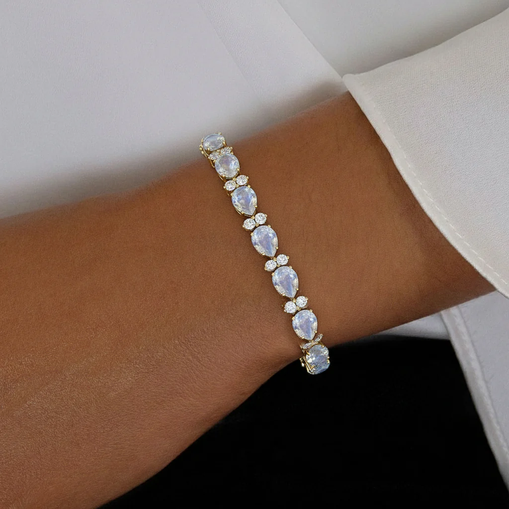Moonstone Pear & Round Bracelet 7x5 MM & 2.5 MM 18.9 Ct Mystical Glow - Image 5