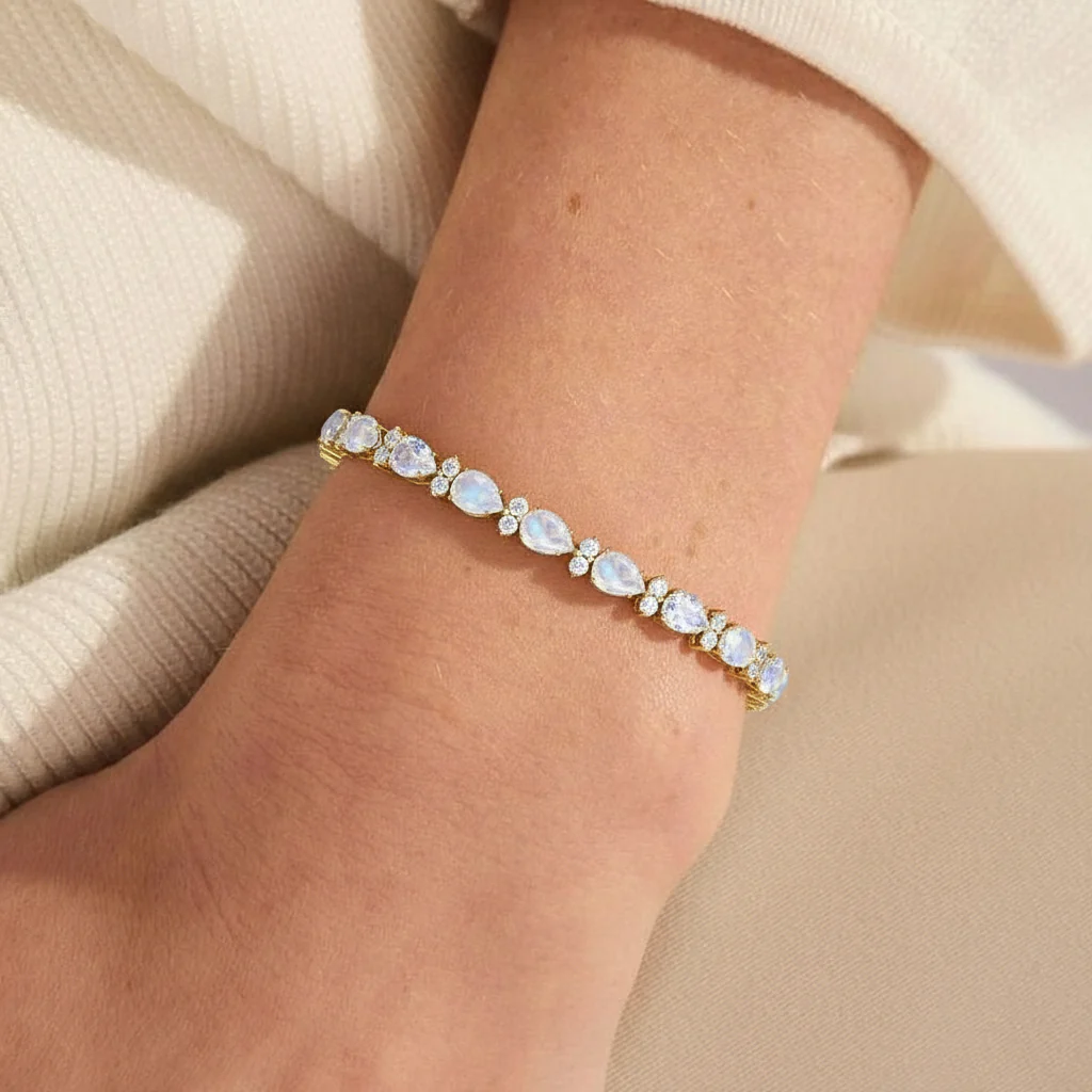 Moonstone Pear & Round Bracelet 7x5 MM & 2.5 MM 18.9 Ct Mystical Glow - Image 6