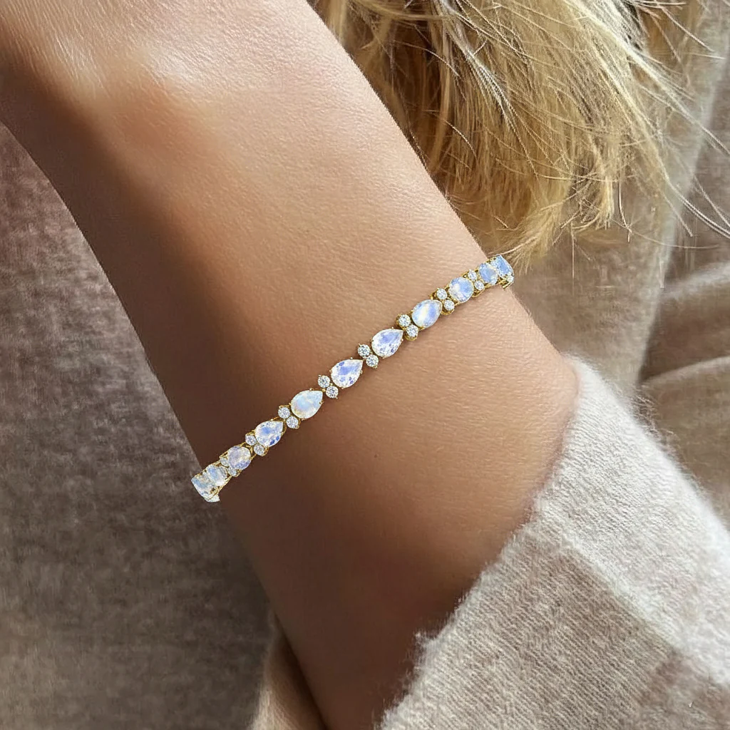 Moonstone Pear & Round Bracelet 7x5 MM & 2.5 MM 18.9 Ct Mystical Glow - Image 7