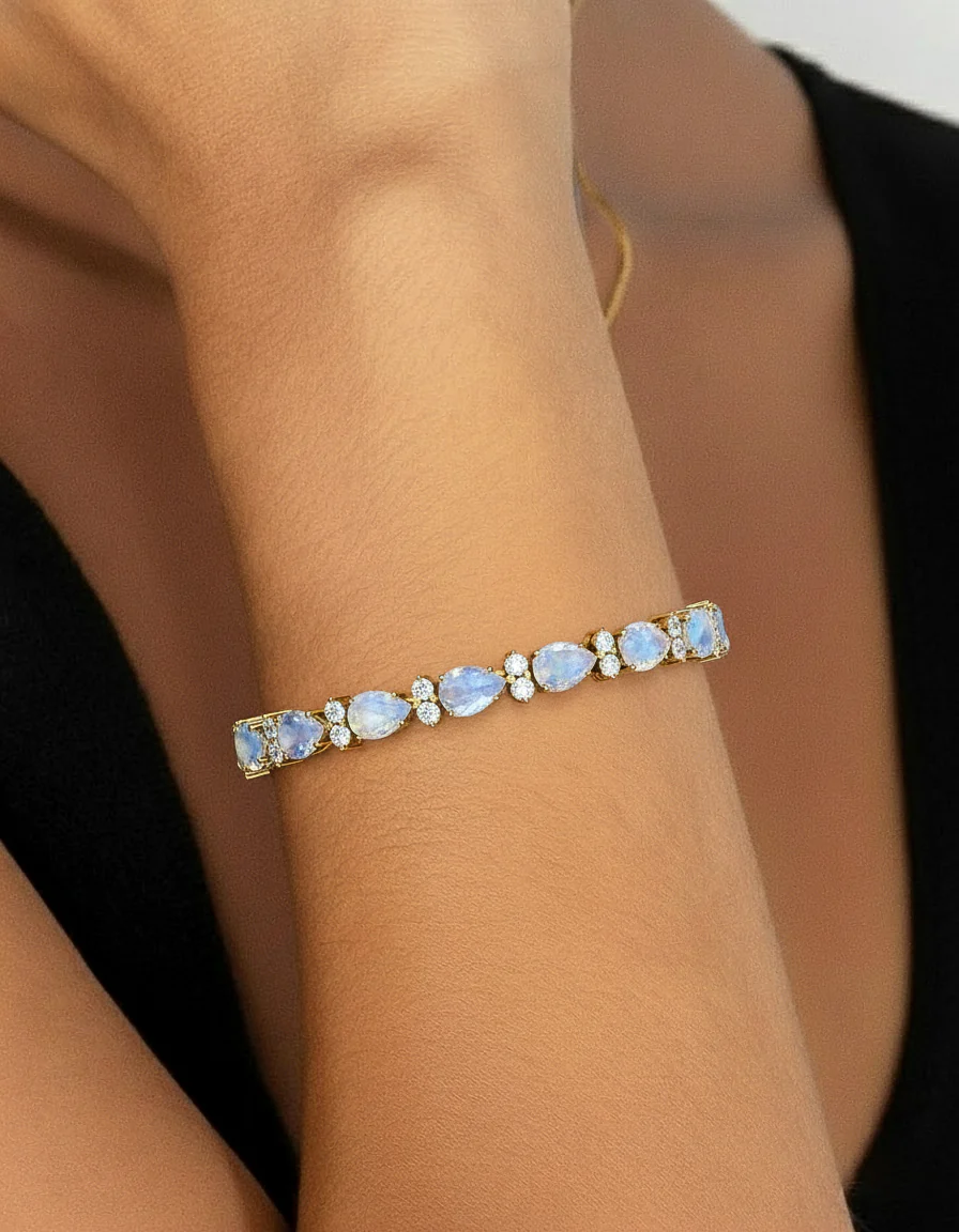 Moonstone Pear & Round Bracelet 7x5 MM & 2.5 MM 18.9 Ct Mystical Glow - Image 8