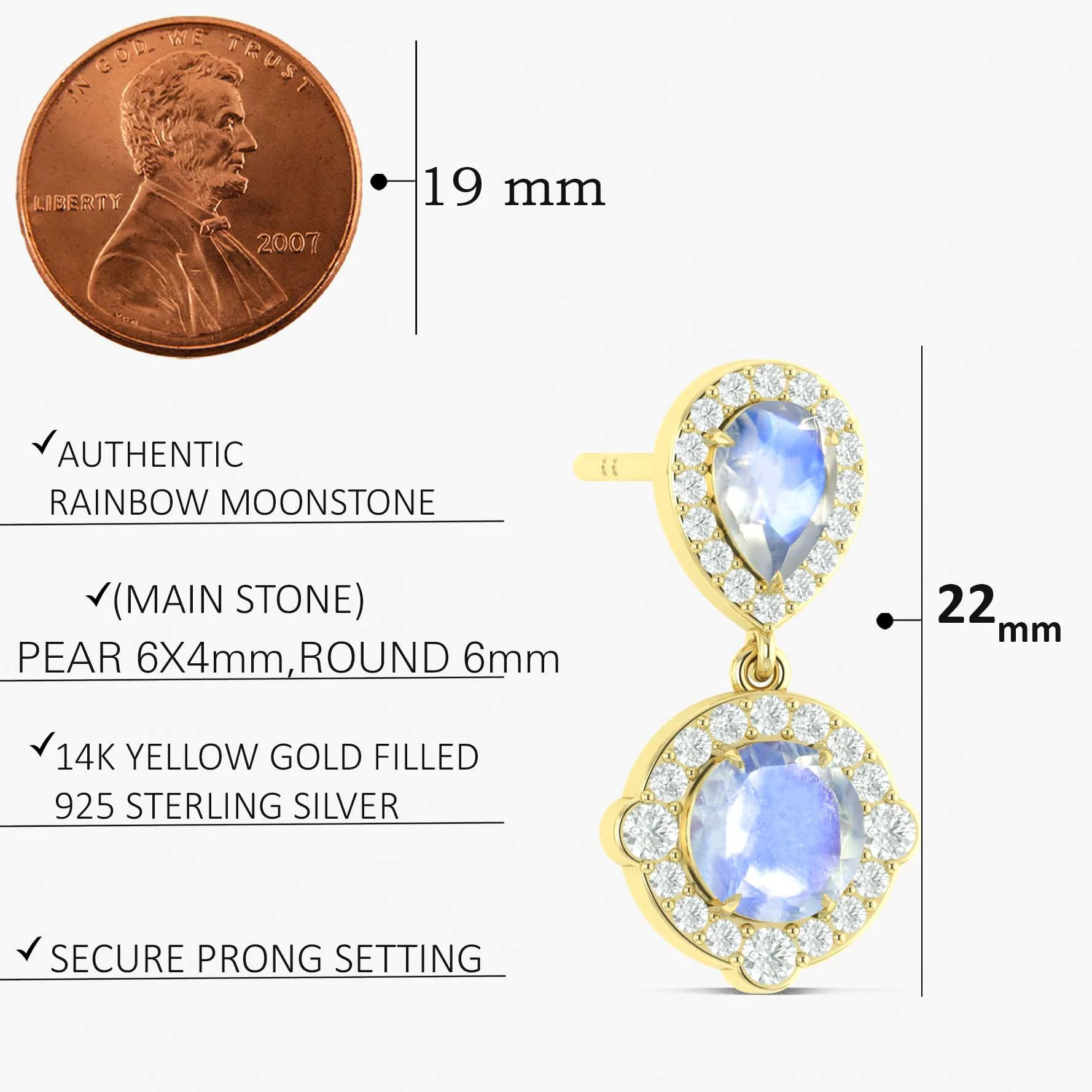 Moonstone Pear Round Halo Drop Earring in 925 Silver 3ct - Image 7