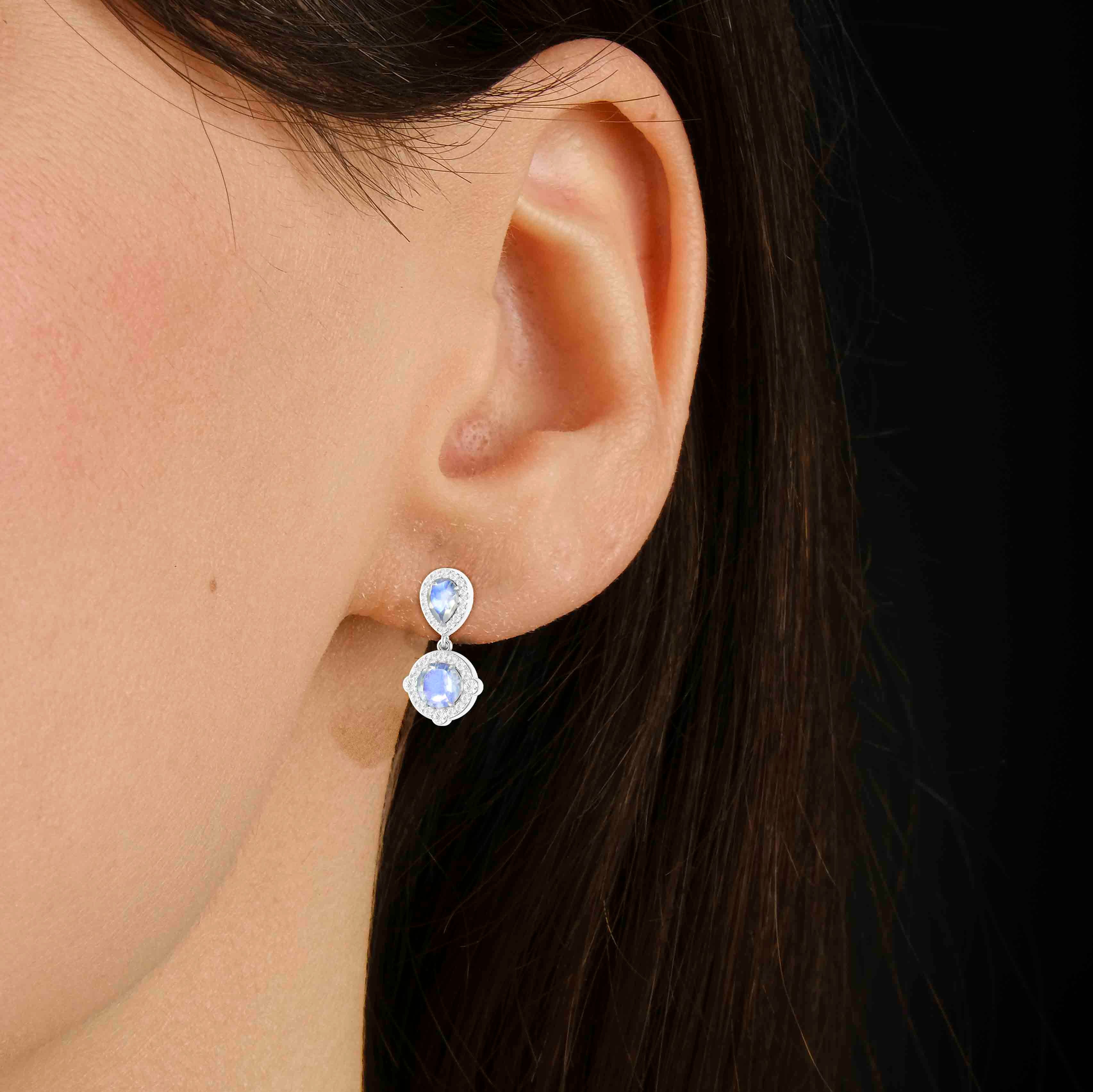 Moonstone Pear Round Halo Drop Earring in 925 Silver 3ct - Image 8