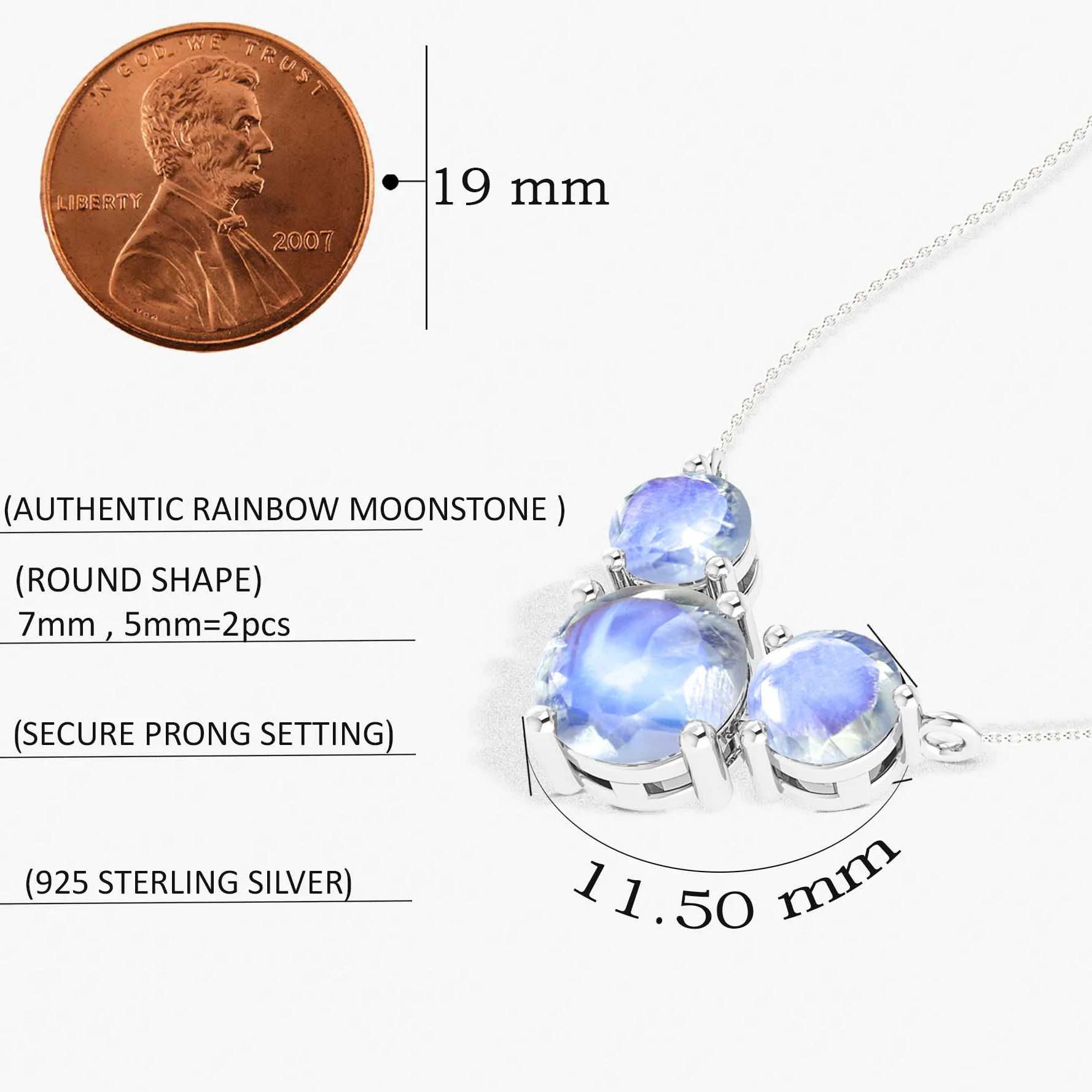 Moonstone Round Three Stone Necklace in 925 Sterling Silver 2.8ct - Image 4