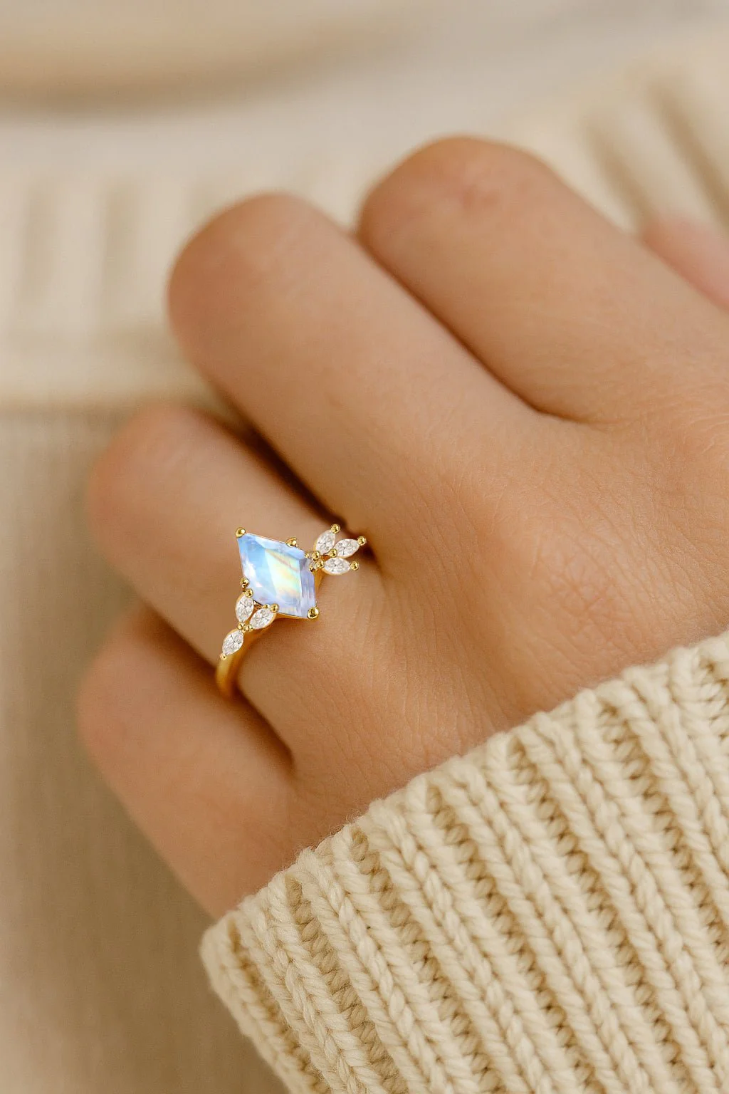Moonstone Solitaire Ring Kite Shape 8X6MM Faceted - Image 2