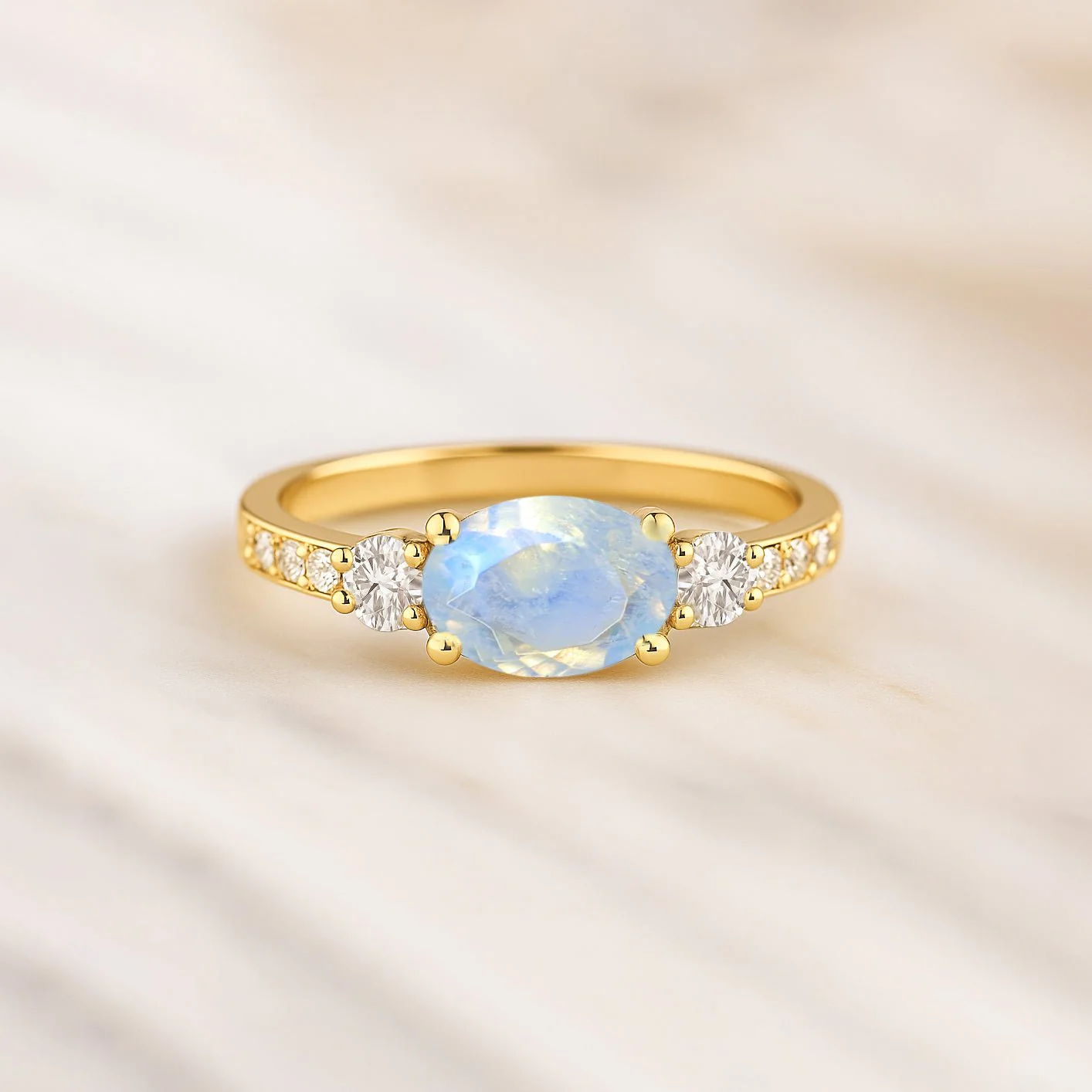 Moonstone Three Stone Ring with Faceted Natural Stone - Image 3