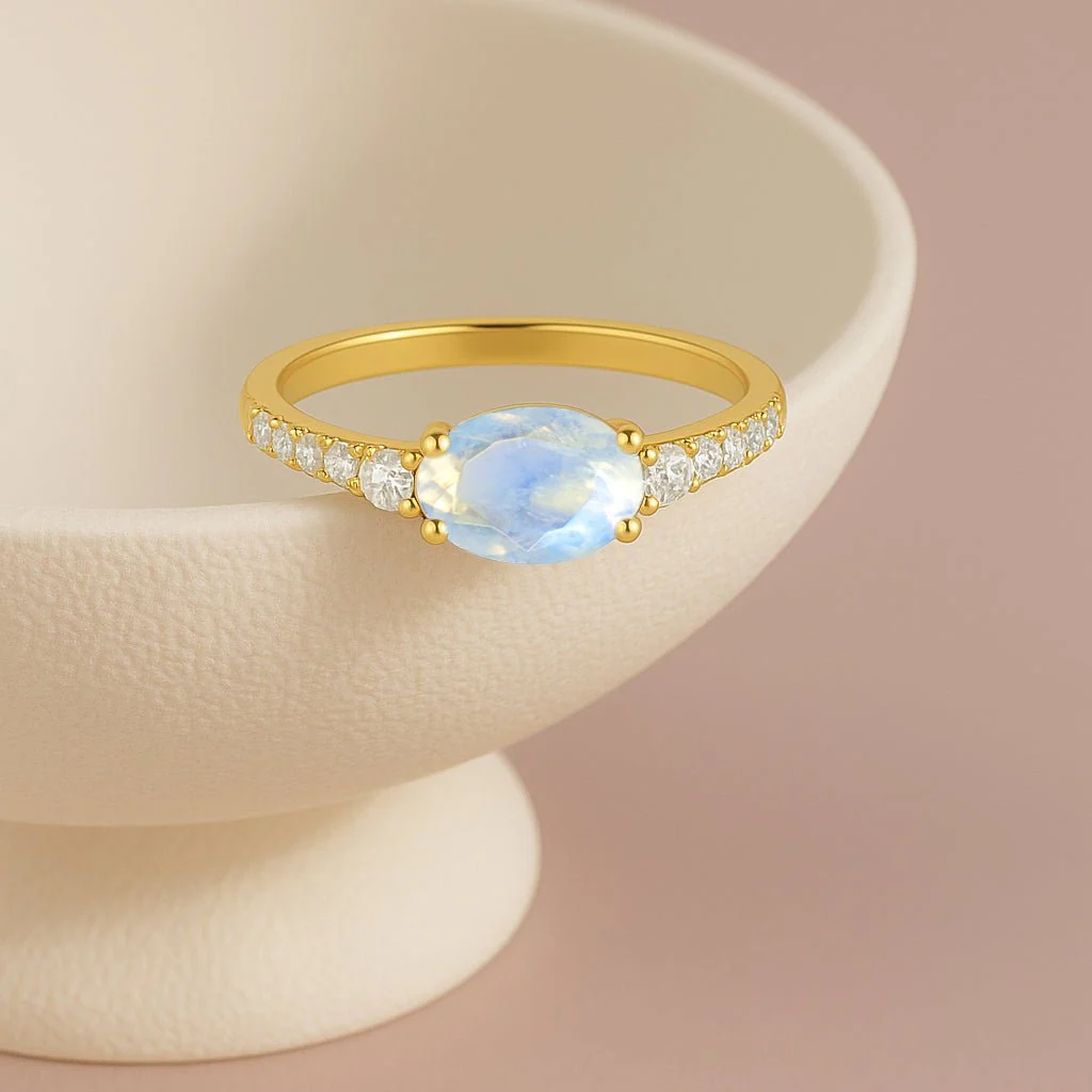 Moonstone Three Stone Ring with Faceted Natural Stone - Image 4