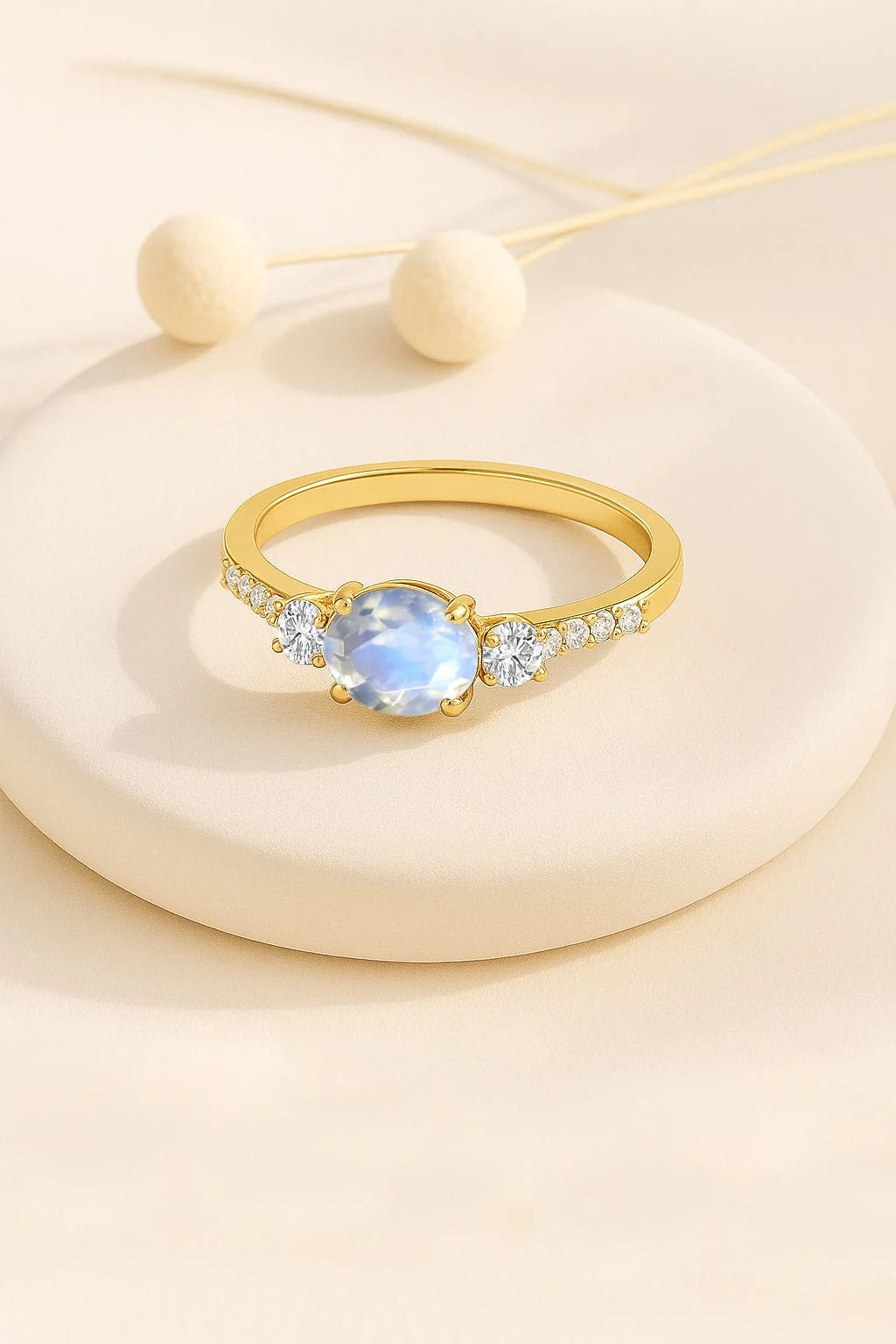 Moonstone Three Stone Ring with Faceted Natural Stone - Image 5