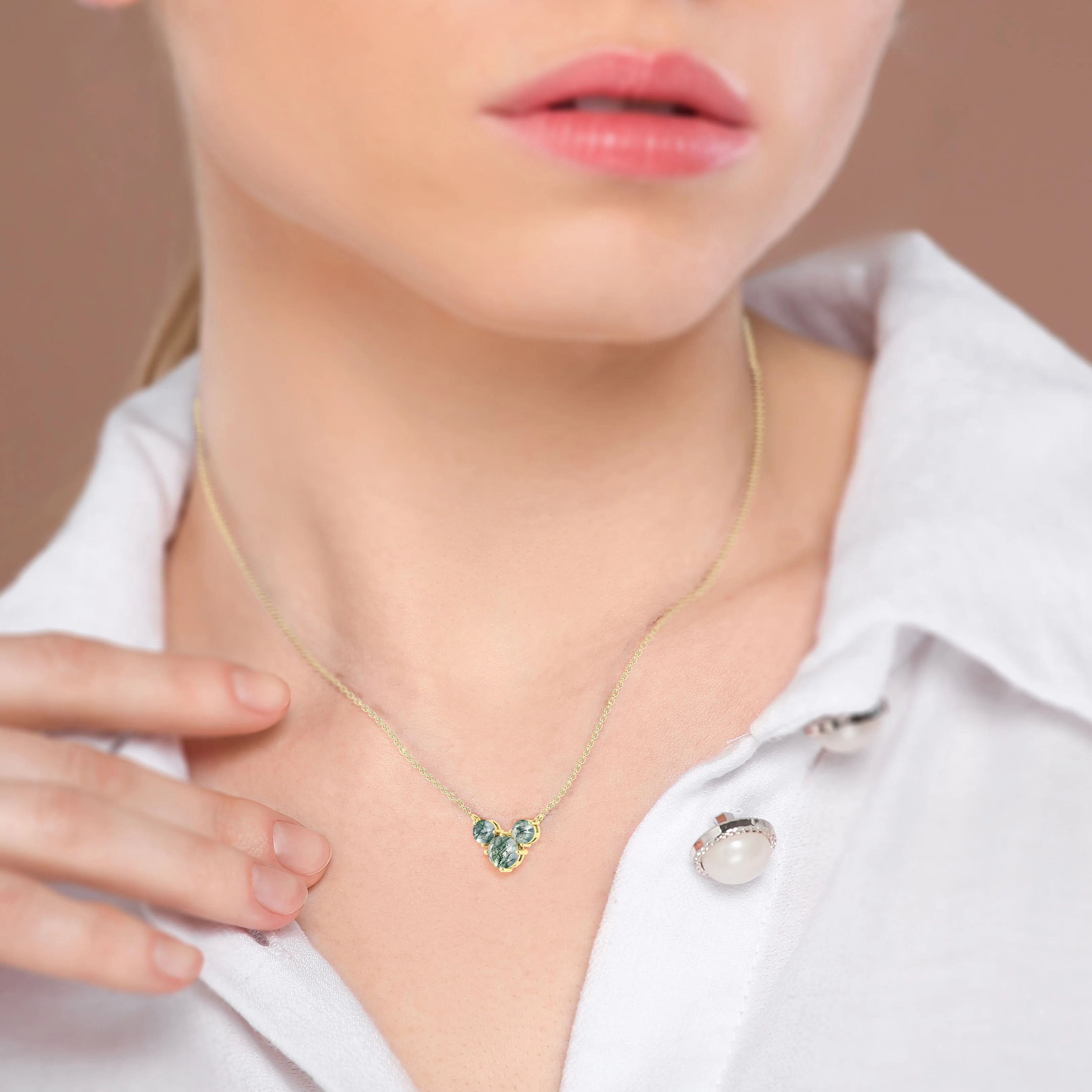 Moss Agate Round Three Stone Necklace in 925 Sterling Silver 2.8ct - Image 7