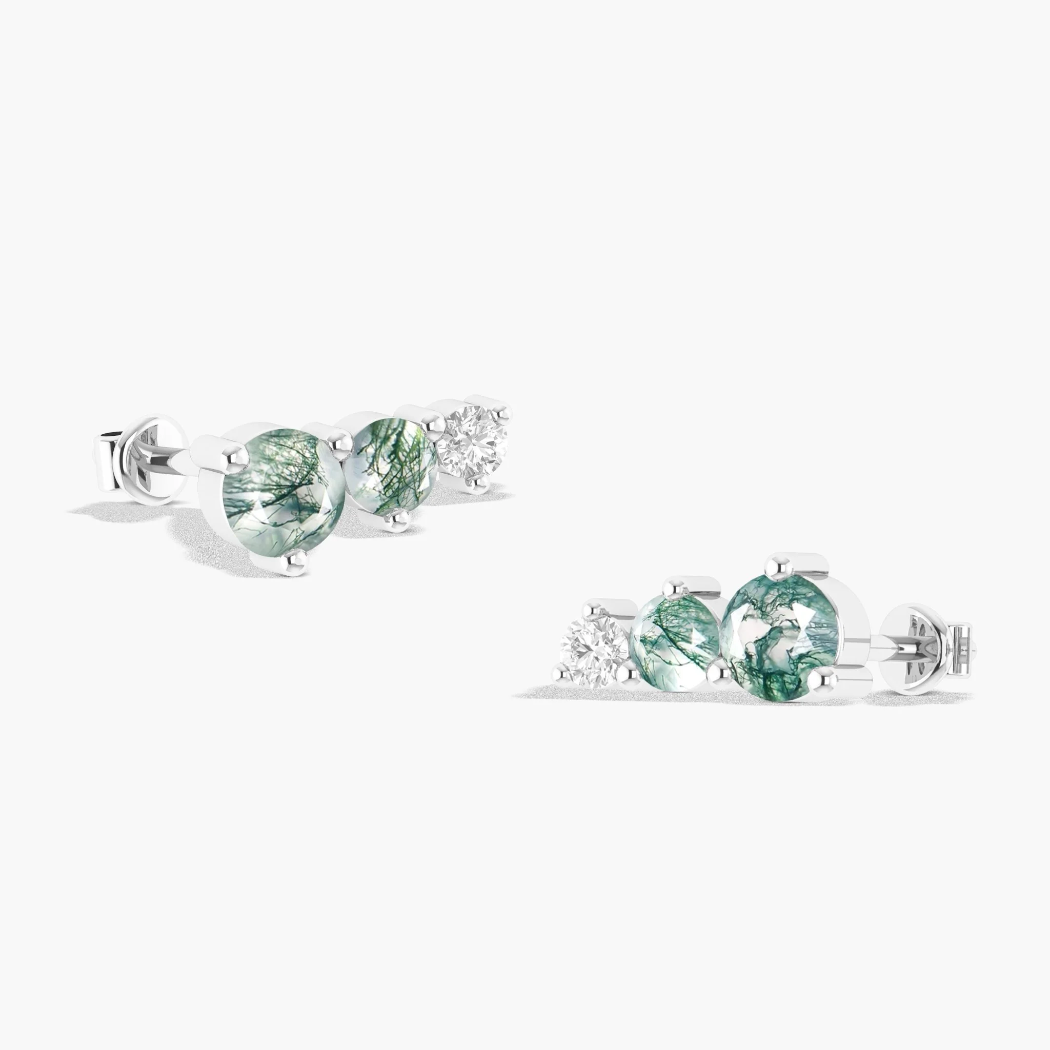 Moss Agate Three Round Gemstone Stud Earring - Image 2