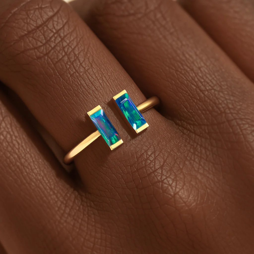 Natural Black Opal Baguette Open Ring in 925 Sterling Silver 5x2mm 0.50ct - Image 11